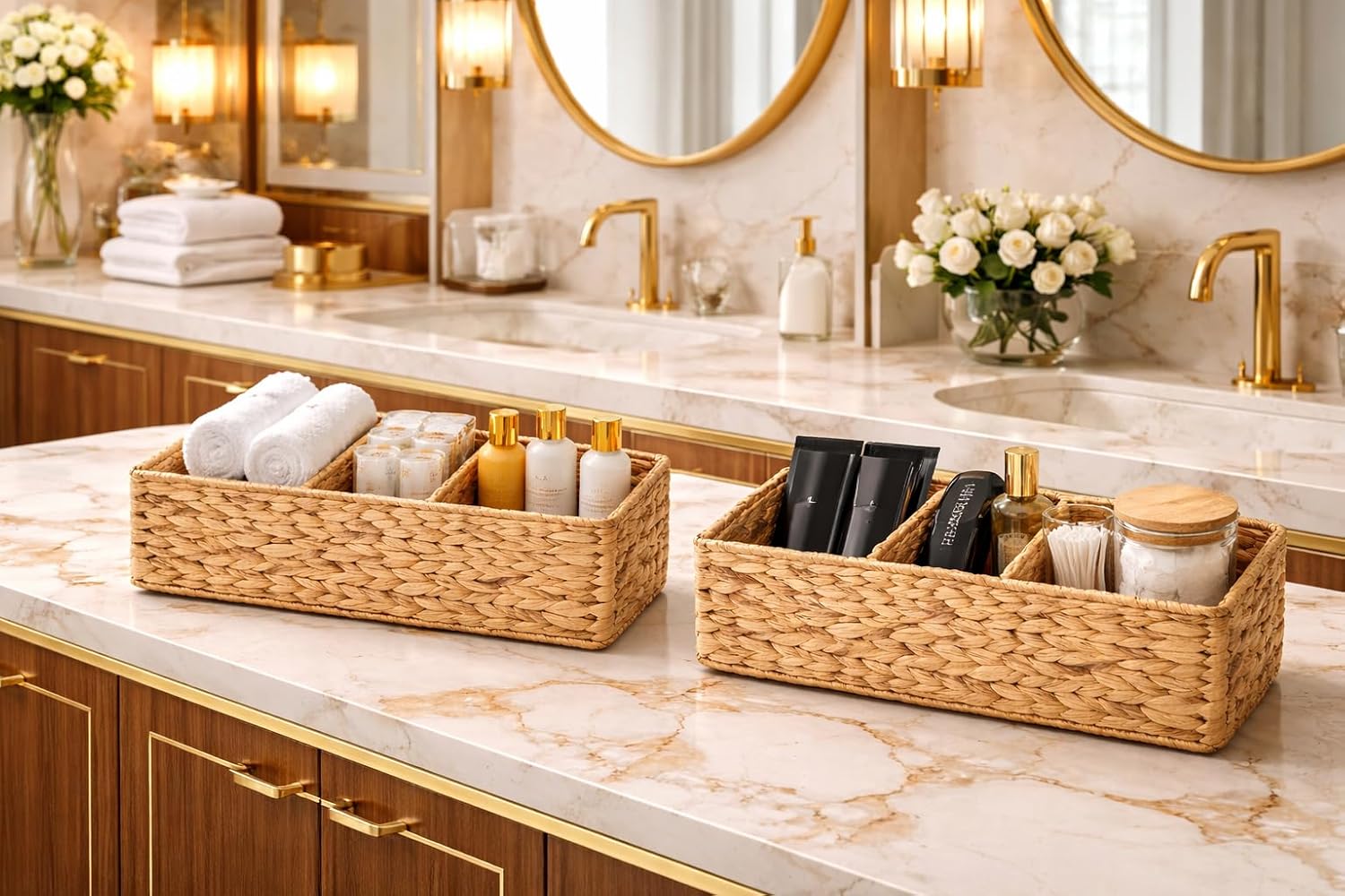 THUANTHUONG Wicker Storage Baskets For Shelves, Seagrass Woven Baskets For Pantry Organizing, Small Bathroom Storage Bins, Hand Woven Toilet Tank Topper Organizer Set of 2 (Natural Water hyacinth)