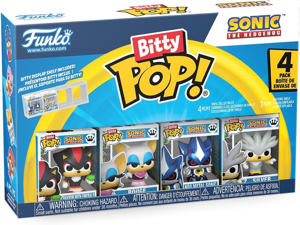 Funko Pop! Bitty 4pk: Sonic the Hedgehog - Shadow with Emerald, Rouge, Neo Metal Sonic, and Silver - 0.9 Inch (2.2 Cm) Collectable - Stackable Display Shelf Included - Gift Idea - Party Bags Stocking