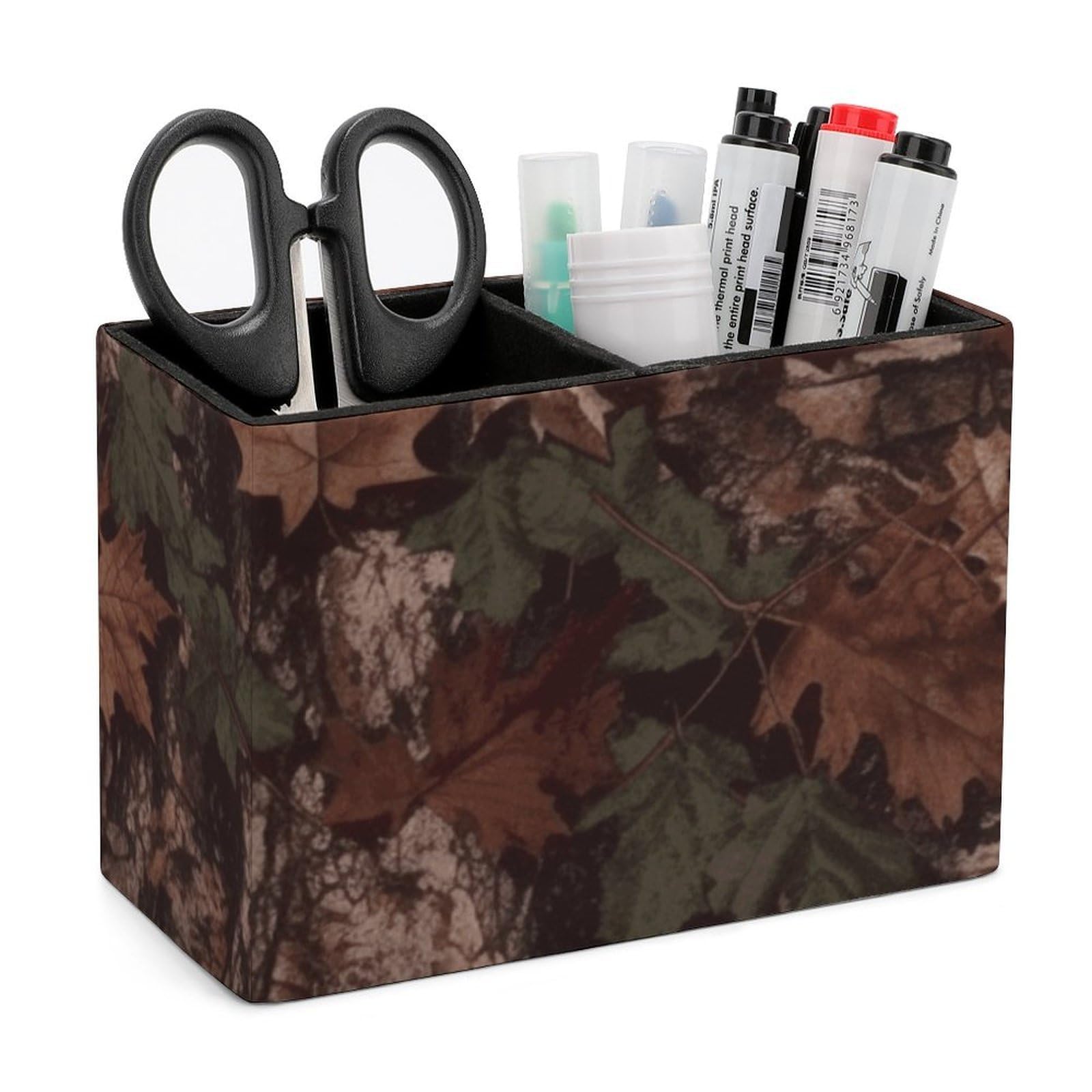 LZQPOEAS Exquisite Patterns PU Leather Pen Holder, Multifunctional Desktop Organizer Caddy with 2 Compartments, Outfitter Tuff Camo Pencil Cup Makeup Brush Holder for Office Home