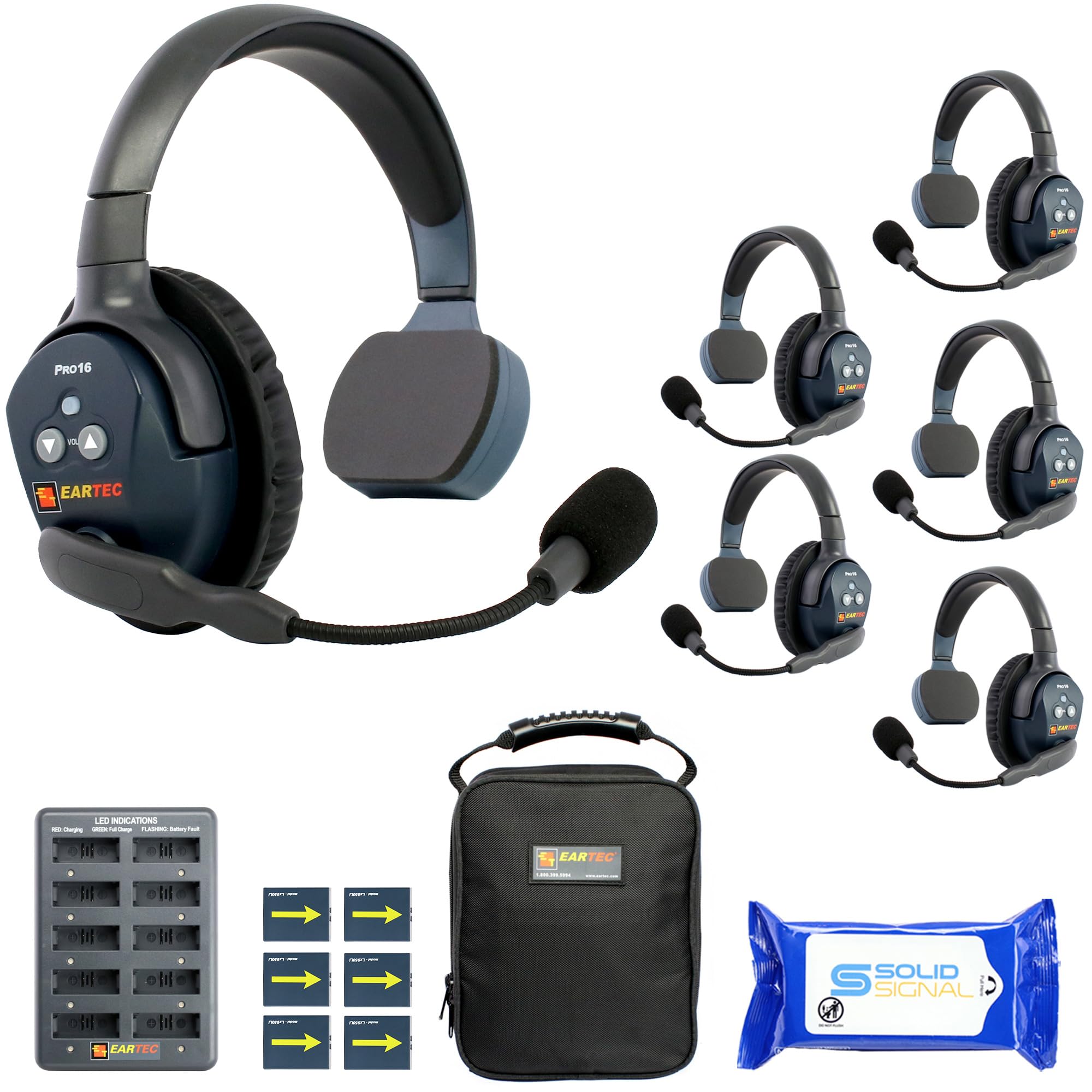 Eartec ETP6S Ultralite PRO16 Hands Free Full Duplex Wireless Headset Communication for 6 Users – 6 Single Ear Headsets, Up to ½ Mile Range, with SolidSignal Cleaning Wipes Bundle