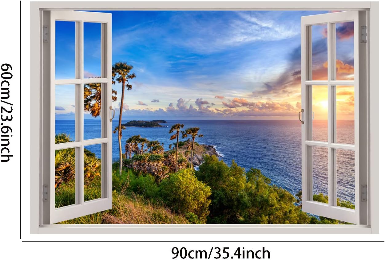 3D Sunset Scenery Fake Window Wall Stickers, Tropical Island Window View Wall Decals, Removable Vinyl Wall Mural Decor Art for Living Room Bedroom Bathroom Decoration 23.6”*35.4” : Tools & Home Improvement