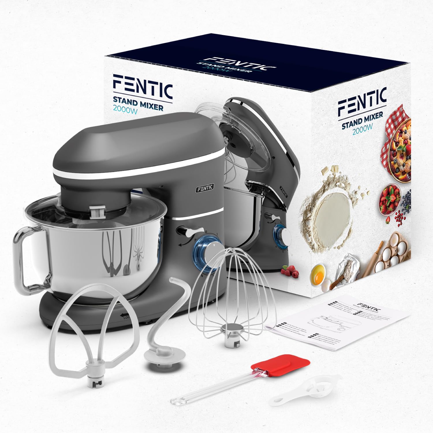 Impastatrice Planetaria - 2000W - Ciotola in Acciaio Inossidabile (6,2 L) - Impastatrice con Frusta, Gancio Impastare e Mescolatore - Inclusa e accessori extra - Antracite