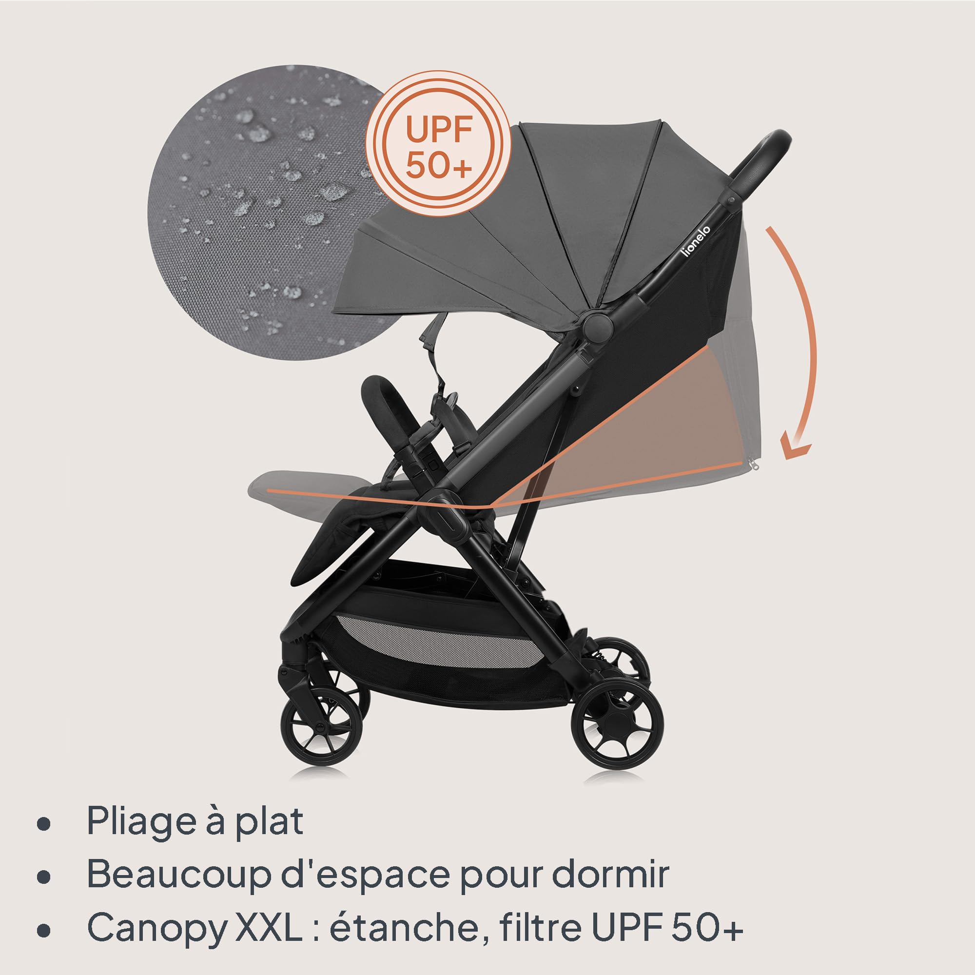 LIONELO Julie Air Poussette Canne jusqu'à 22 kg de 6 m à 4 ans Pour Avion Roues pivotantes à 360 ° Suspension Pliage avec Une Main Réglage du Dossier Canopy UPF50+, Légère (Grey)