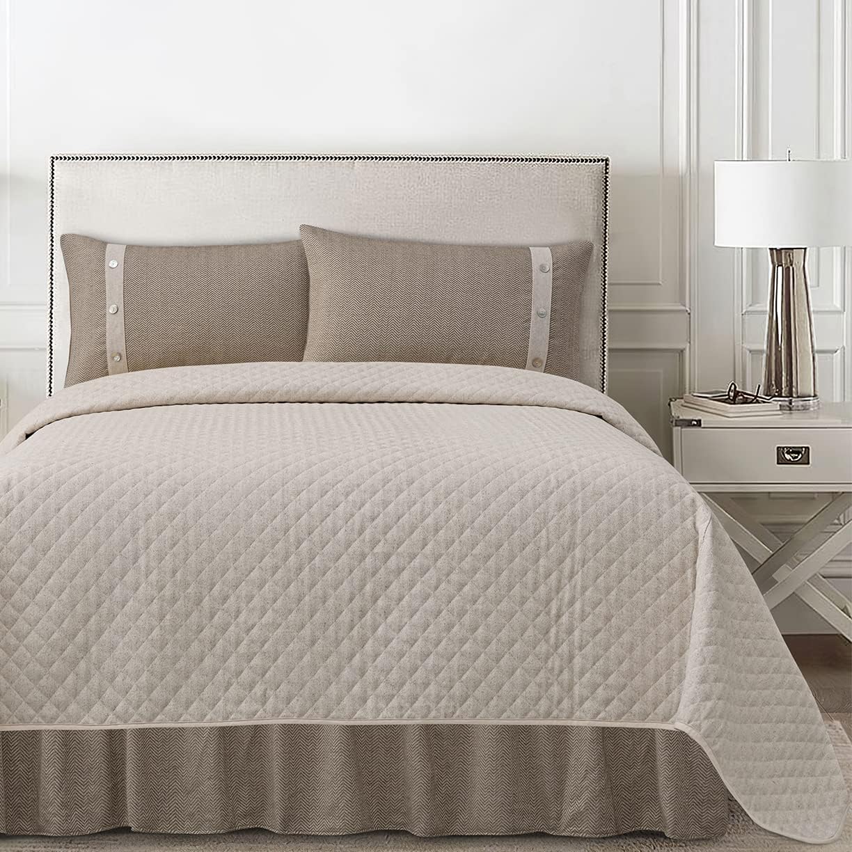 HiEnd Accents Fairfield Linen 4 Piece Coverlet Set, King Size, Herringbone Diamond Quilted Luxury Bedding Set, Traditional Rustic Style, 1 Coverlet, 1 Bedskirt, 2 Pillowcases