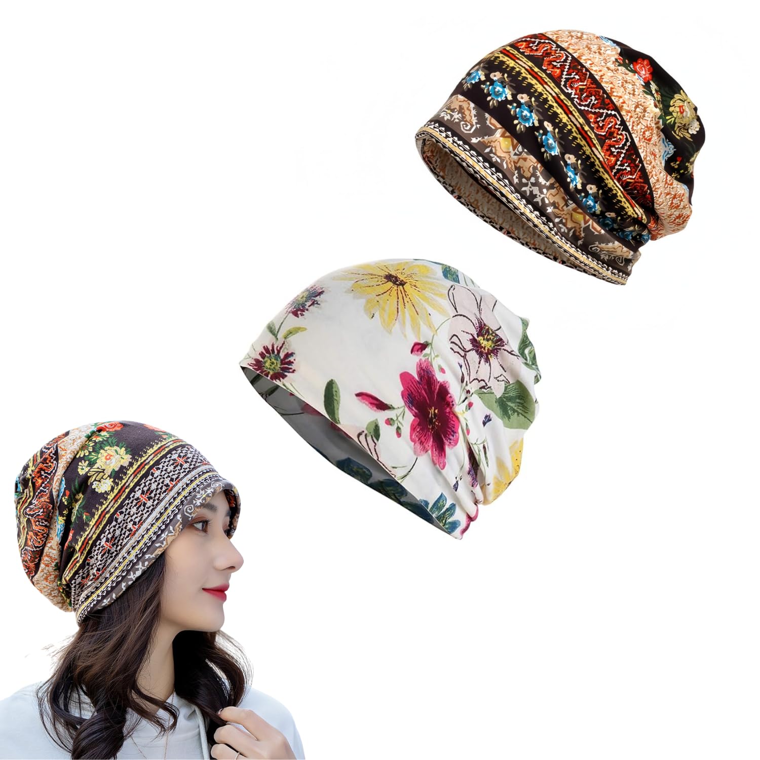 2 Pcs Cotton Beanie Cap - Skull Headwear for Women, Lightweight Chemo Caps, Breathable Headcover, Comfortable Turban Casual Hat, Soft Saggy Head Scarves Multicolor