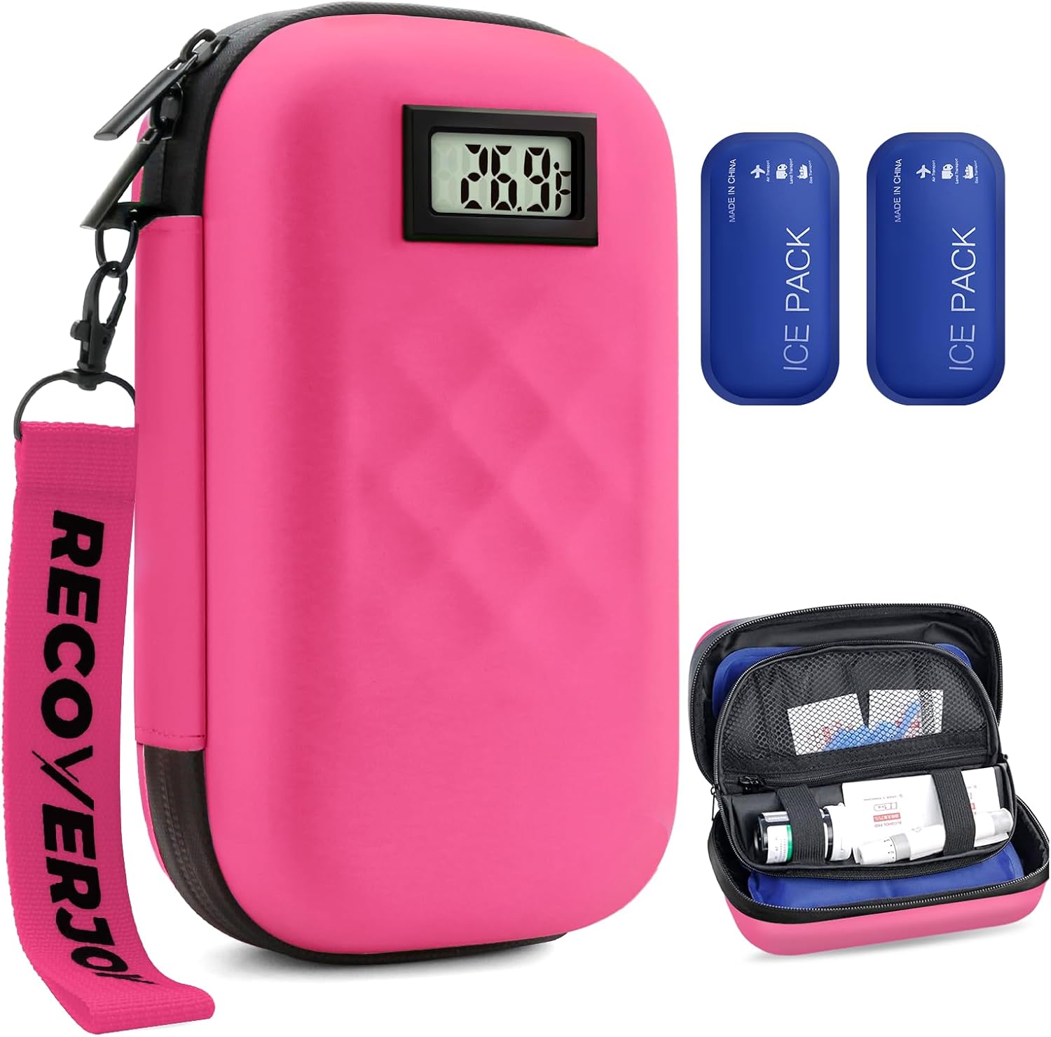 TSA Approved Insulin Cooler Travel Case Diabetic Medication Bag With Thermometer Temperature Display Medication Diabetic Cooler Travel Medicine Organizer Bag for women & 2 Ice Pack-Pink
