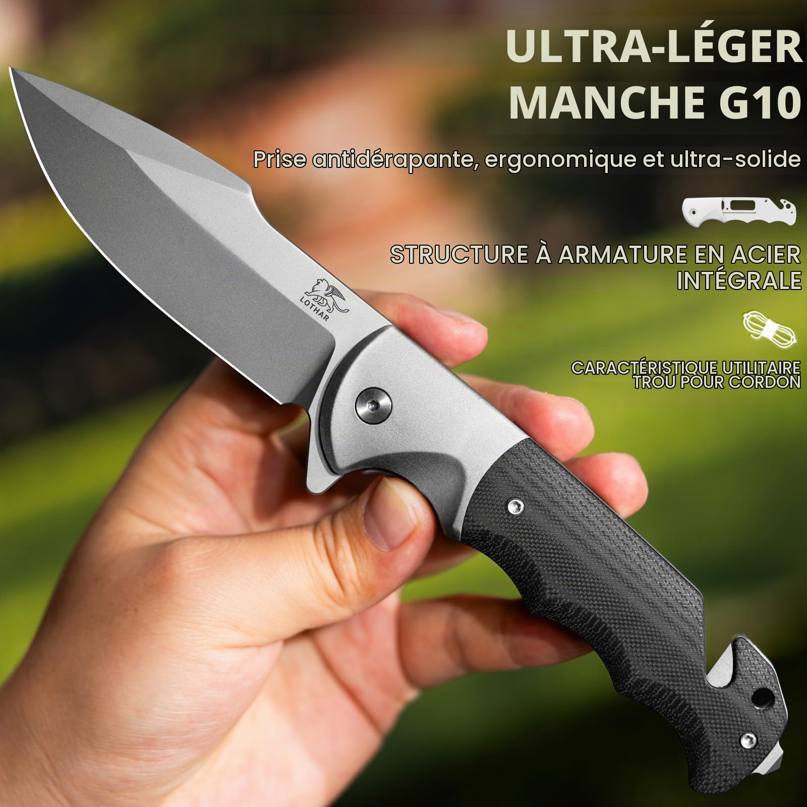 LOTHAR SMAUG Couteau Pliant Couteau à Une Main, 9,5 mm en acier D2 Couteau de Sauvetage Avec Manche G10, Liner Lock