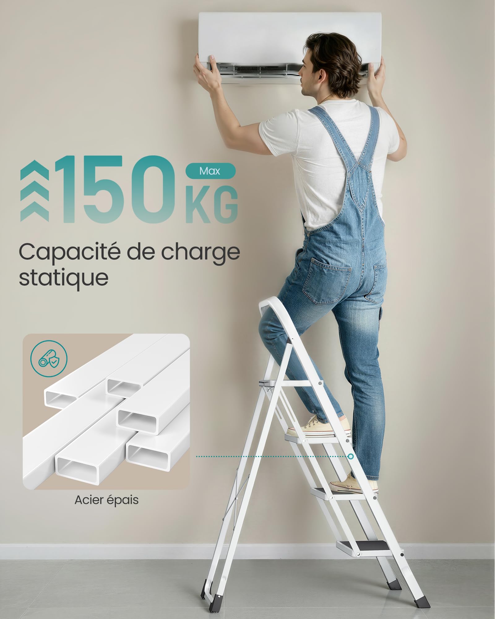 SONGMICS Marchepied 4 Marches Pliable, Escabeau, Verrou de Sécurité, Facile à Ranger, Charge 150 kg, Blanc GSL004WZ01 - 3