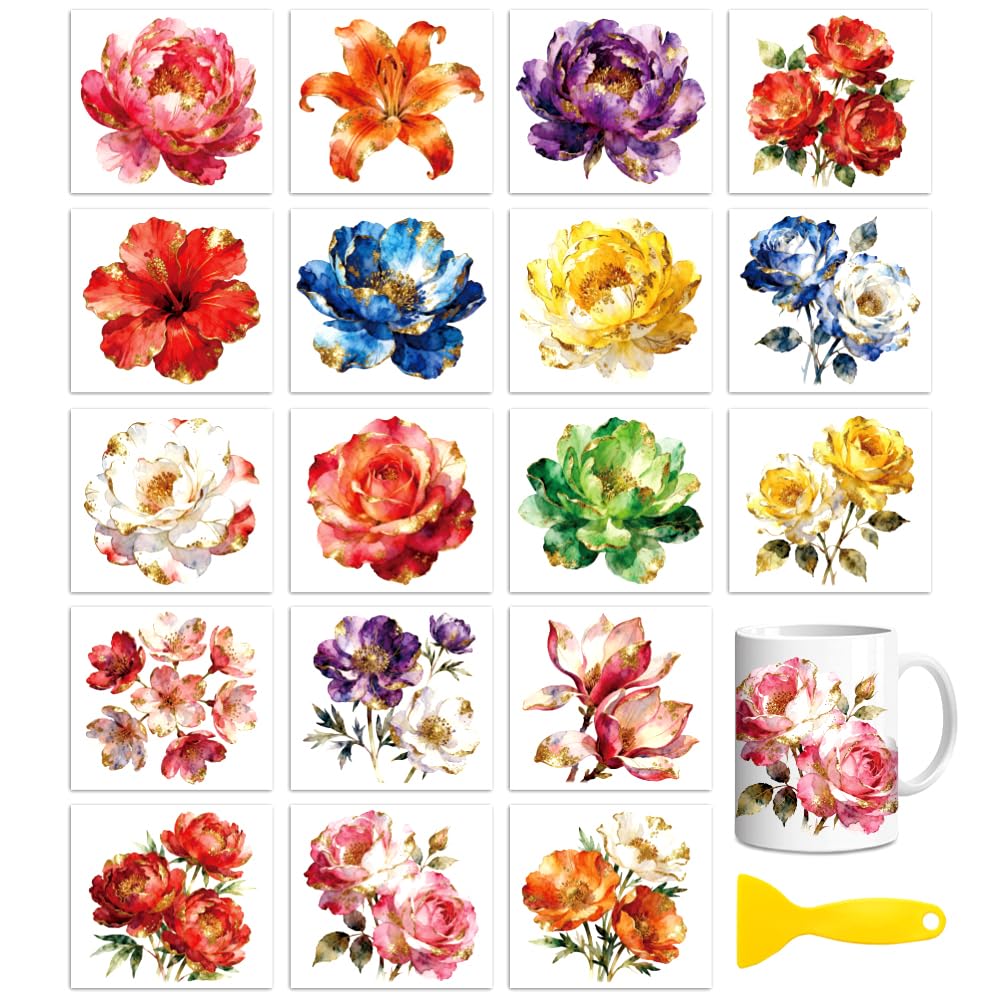Peacoblue 18 Sheets Rub On Transfers for Crafts, Gold-Edged Flowers 3.6"x3.9" UV DTF Cup Wrap Waterproof Cold Transfers Stickers for Wood Glass Cup Tumblers Mirrors Mugs Home Decor — image 1