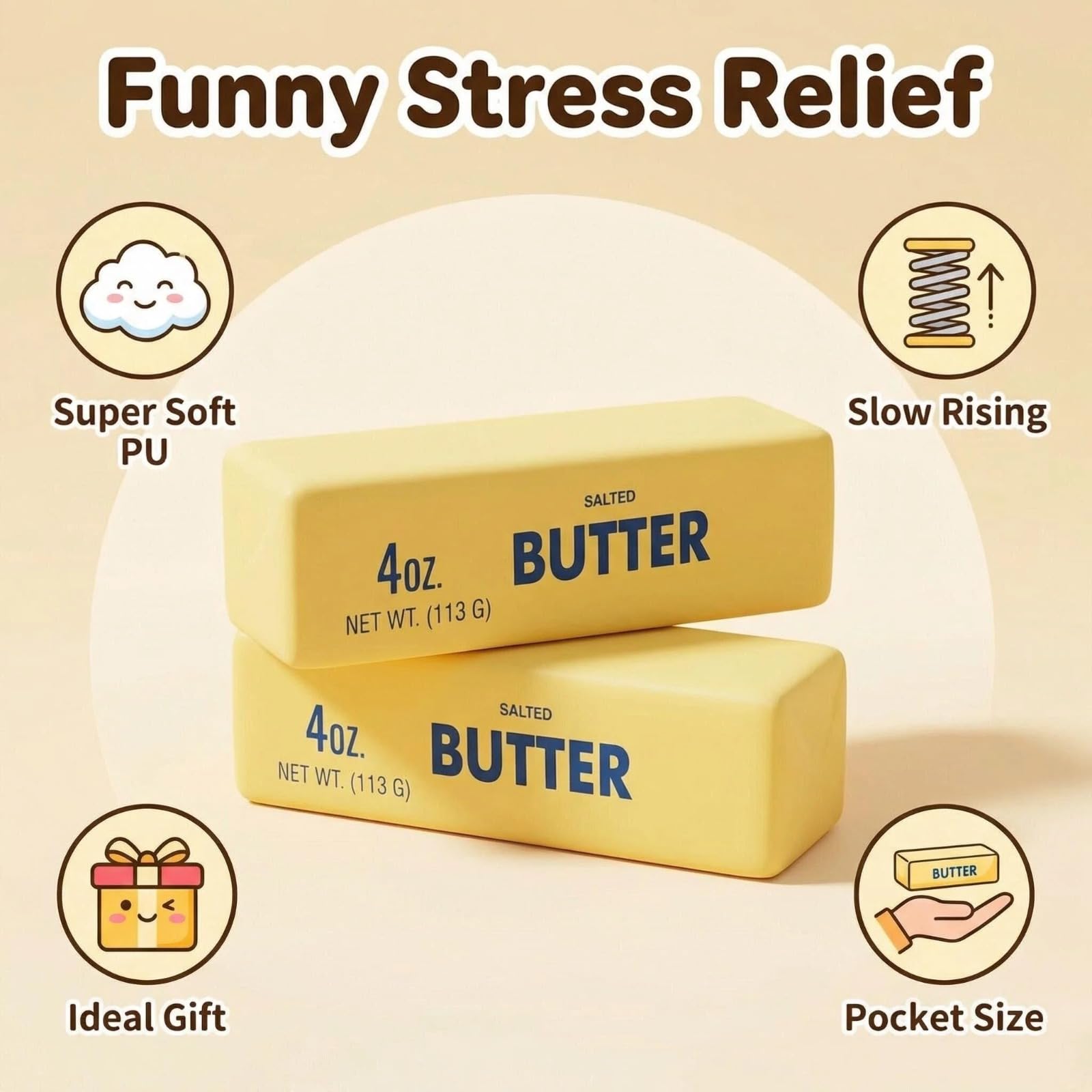 Slow Rebound Cute Butter Squeeze Stress Balls, 2026 New Squeeze Ball Realistic Butter Stick Soft Squeeze Toys, Upgrade Stress Relief Fidget Toys Wet Slow Rebound Stress Relief Toy (1, Yellow) (1Pcs) - 3
