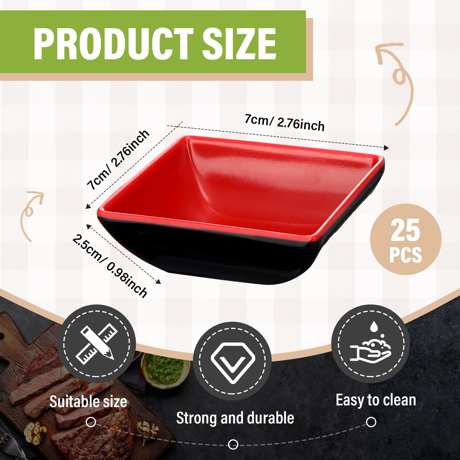 Hushee 25 Pcs Dipping Bowls - Small Soy Sauce Dishes For Sushi, BBQ, Snacks (Black & Red, Round)