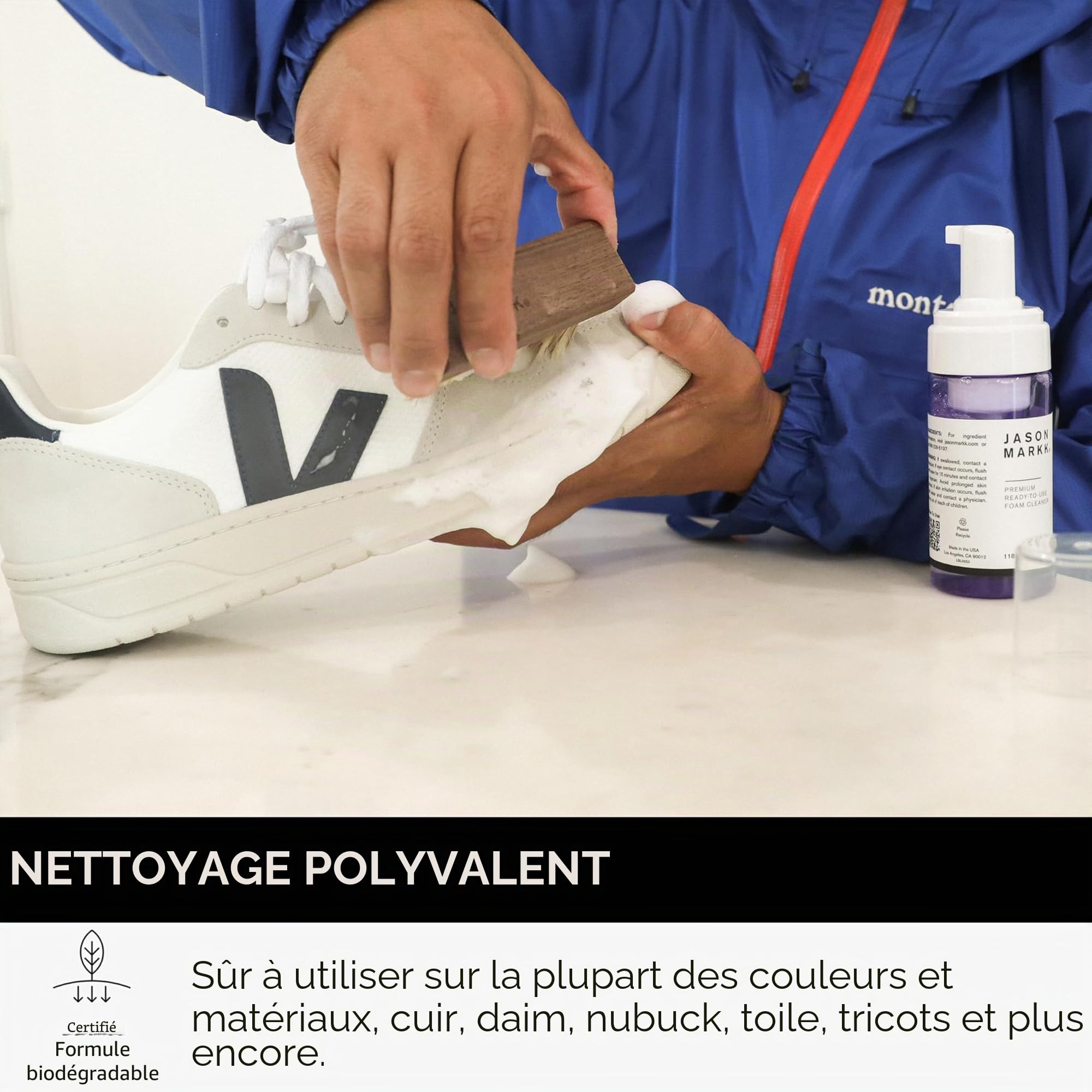 Jason Markk Kit Quick Clean, Kit Nettoyage Chaussure, Avec une brosse à chaussures et un nettoyant moussant, Nettoyant pour baskets en cuir, daim, nubuck, toile, coton et plus encore