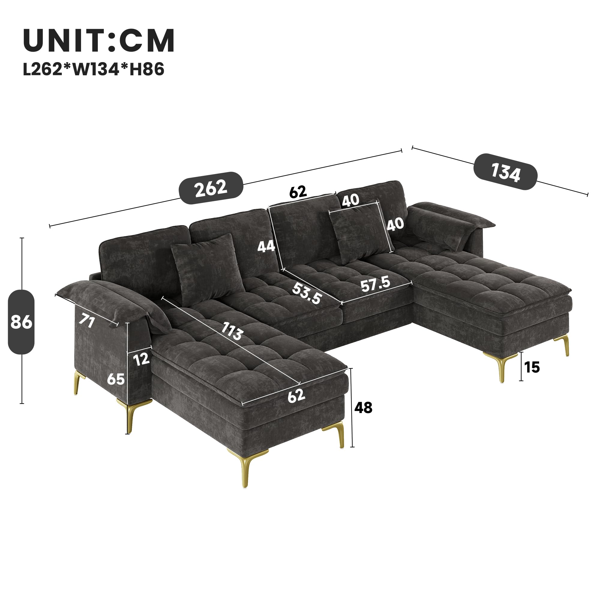 Sofá esquinero en forma de U, diseño modular de 4 plazas con efecto nube y cojín de espuma de doble capa, incluye 2 chaise longues, 2 cojines, patas de metal doradas, funda de chenilla, adecuado para