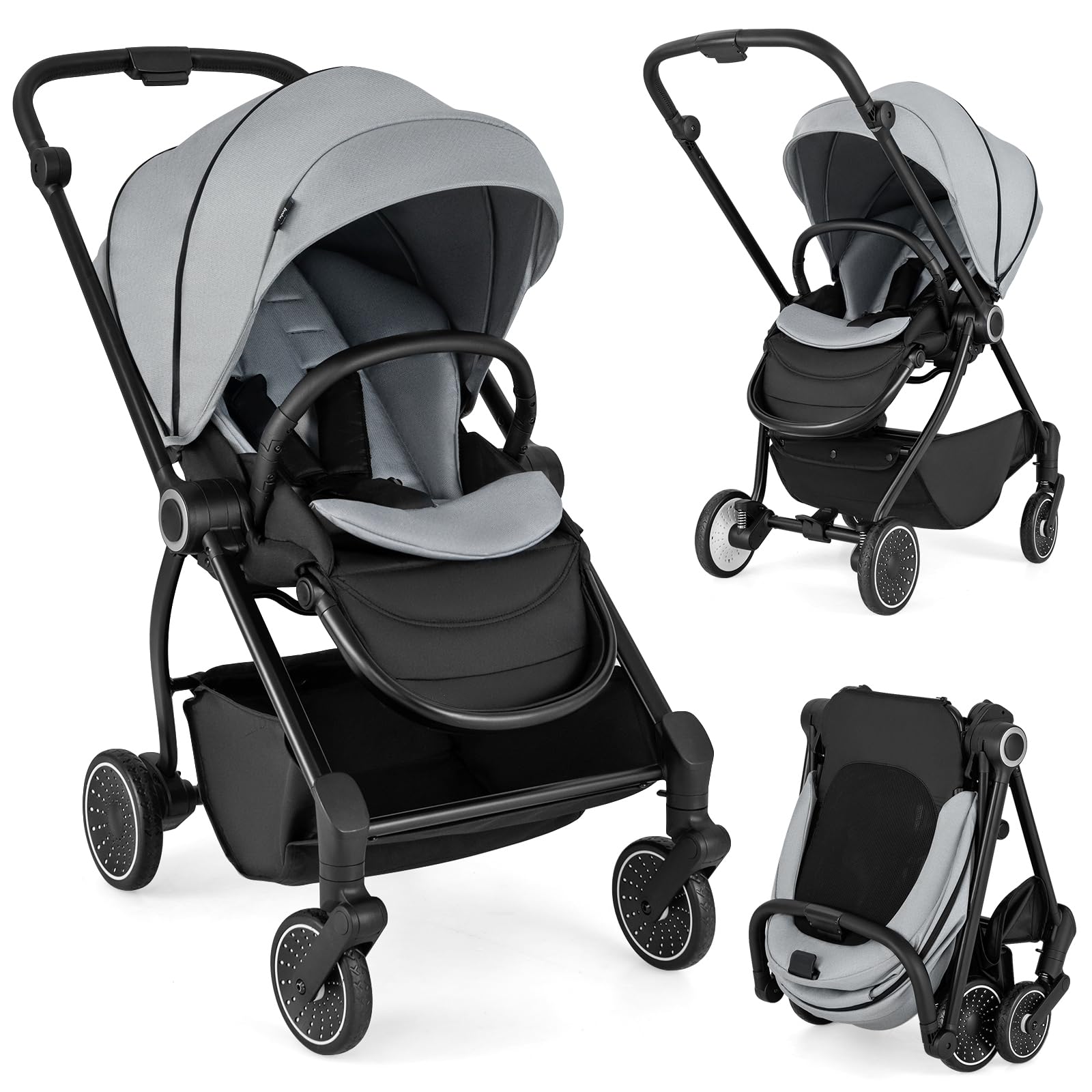COSTWAY Passeggino per Bambini Reversibile Pieghevole con Schienale Reclinabile, 0-36 Mesi, 15 kg Grigio