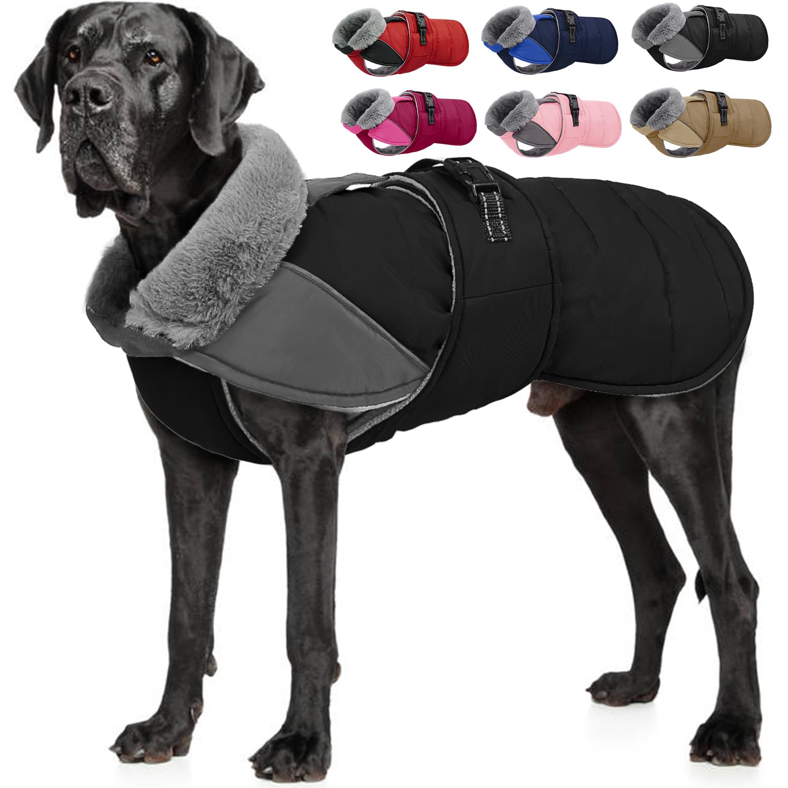 Nanaki Cappotto per cani di taglia grande, impermeabile, fodera in caldo pile collare peloso giacca per cani di taglia grande con foro per guinzaglio, riflettente per il freddo, giacca per animali
