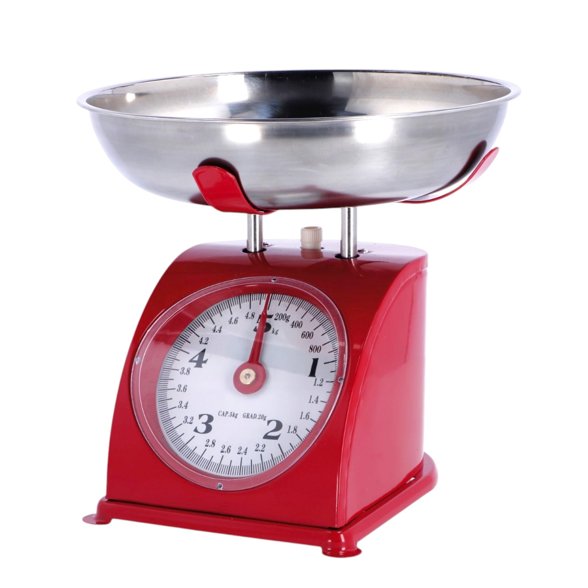 KORAT Bilancia da Cucina vintage Meccanica Tara manuale, quadrante grande e vaschetta in acciaio inox, capacità 5 kg struttura robusta in ferro, Analogica per alimenti