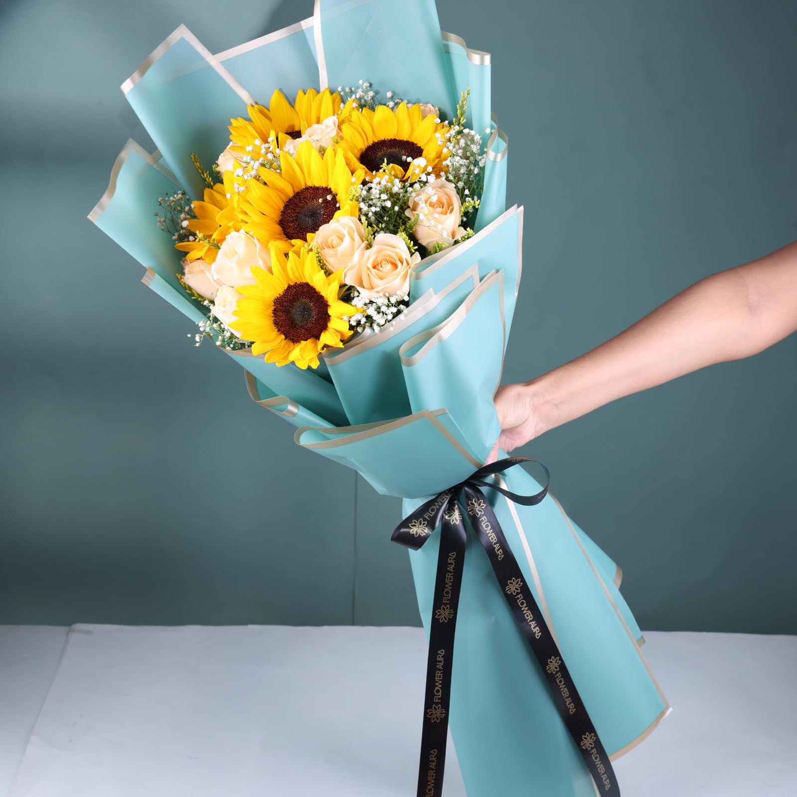 FlowerAura Premium Fresh Live Flower Bouquet of 5 Sunflowers, 6 Peach Roses For Birthday Gift, Anniversary Gift, Wedding Gift, Rose Day Gift, Valentine's Day Gift, New Year Gift (Same Day Delivery)-image-10