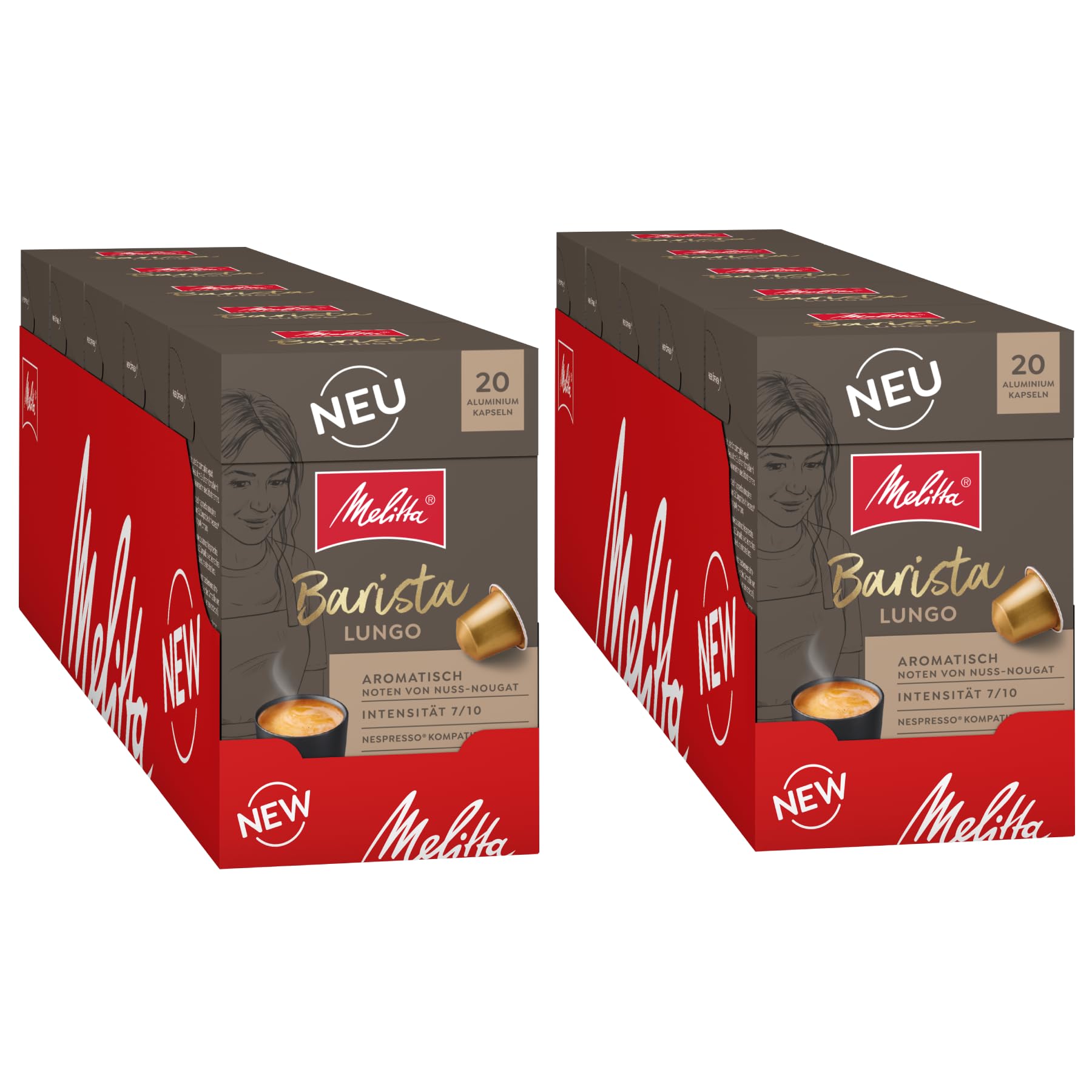 Melitta Barista Lungo, Kaffeekapseln, Nespresso Kompatibel, 200 Kapseln | Intensität 7/10, Aromatich mit Noten von Nuss-Nougat