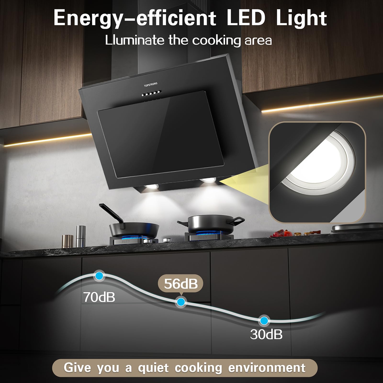 TopStrong Hottes Aspirantes 60cm, Class A++ Hotte Cuisine inclinée Silencieuse, 350m³/h Hotte aspirante Evacuation ou Recyclage, Filtres Charbon Inclus, 3 Vitesses Hotte, LED Eclairage, 56 dB, Noire