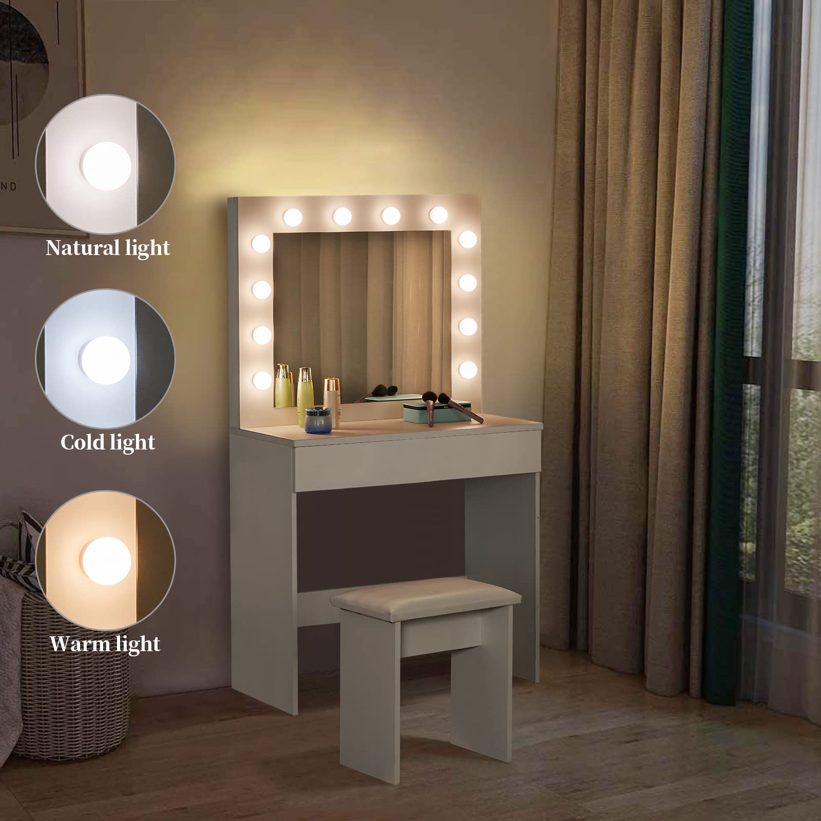 LEMROE Toeletta bianca con 1 grande cassetto e sgabello, tavolo da trucco con luci LED Hollywood, mobili per la casa e la camera da letto (bianco, 1 cassetto)