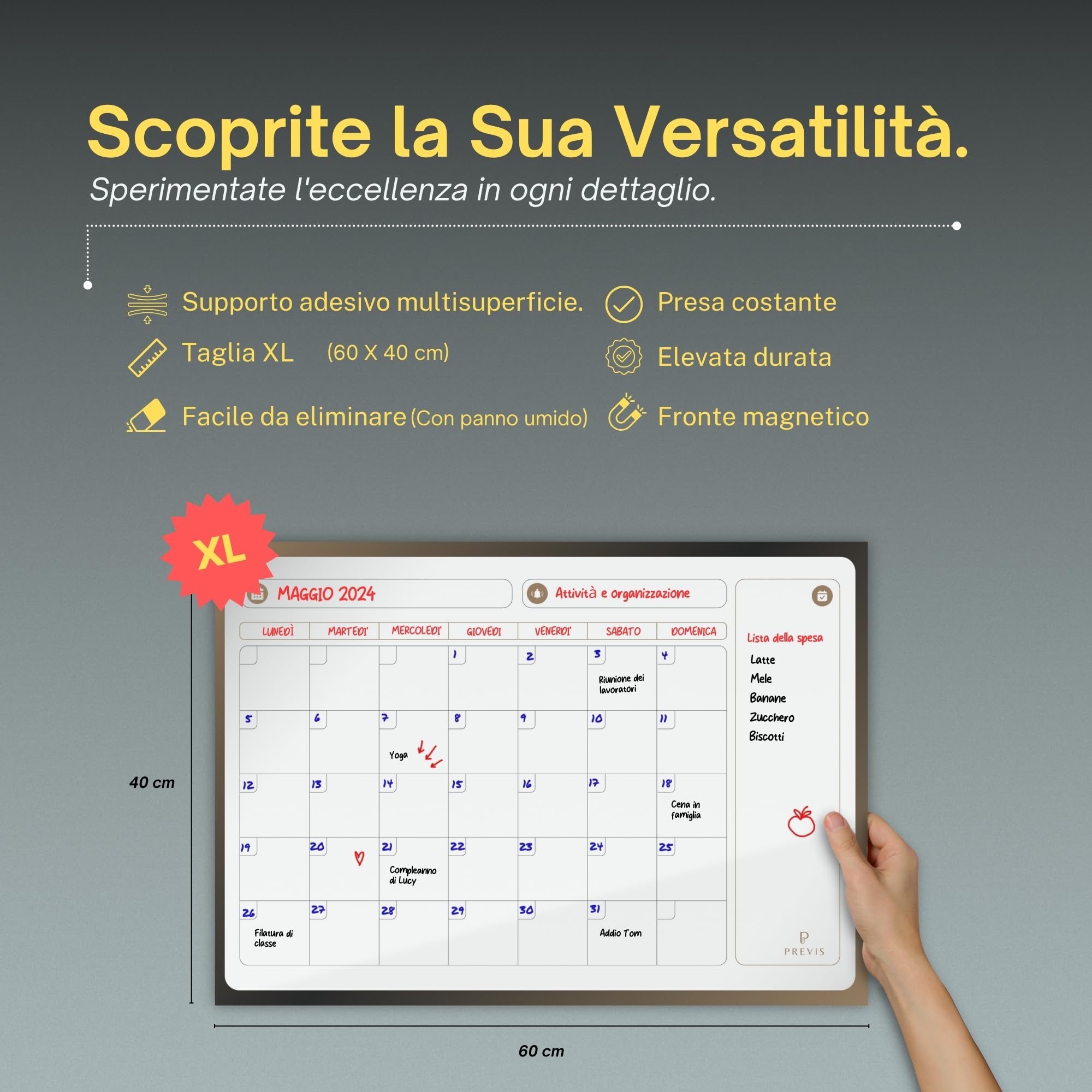 PREVIS Lavagna Calendario Magnetico da Muro Cancellabile Mensile e Settimanale 60x40CM - Planner Lavagna Magnetica da Parete con 3 Pennarelli -Adesivo che non Danneggia il Muro