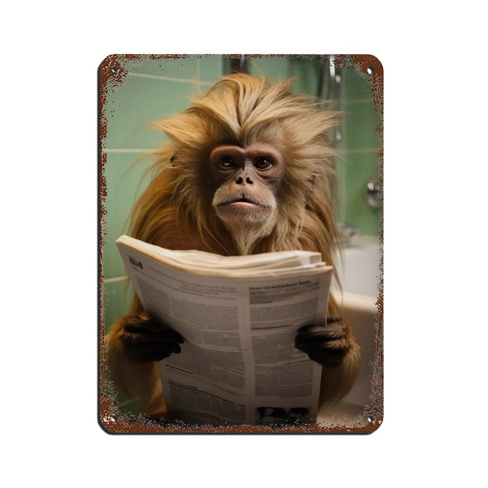 Tamarin Monkey Sitting on The Toilet Reading A Newspaper Tin Sign Vintage Metal Pub Club Cafe Bar Home Wall Art Decoration Poster Retro 12x16inch(30x40cm)
