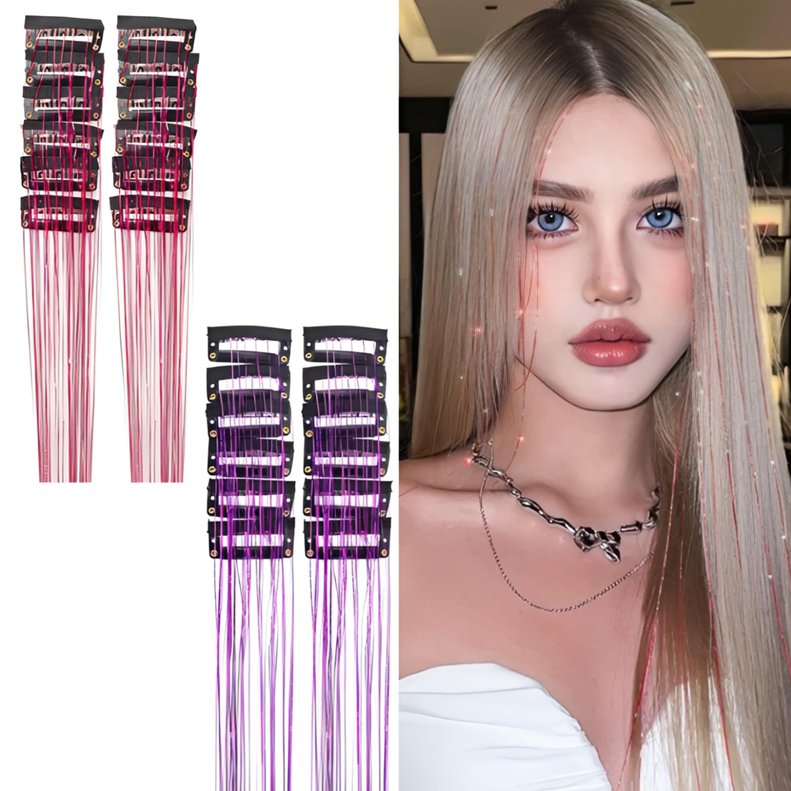 Hair Tinsel, Pink Hair Colour Extensions for Women, Glitter Hair Tinsels for Festive Parties and Daily Wear, 24-Piece Set in Magenta and Deep Purple Shades, Made with Polyester Material-image-6