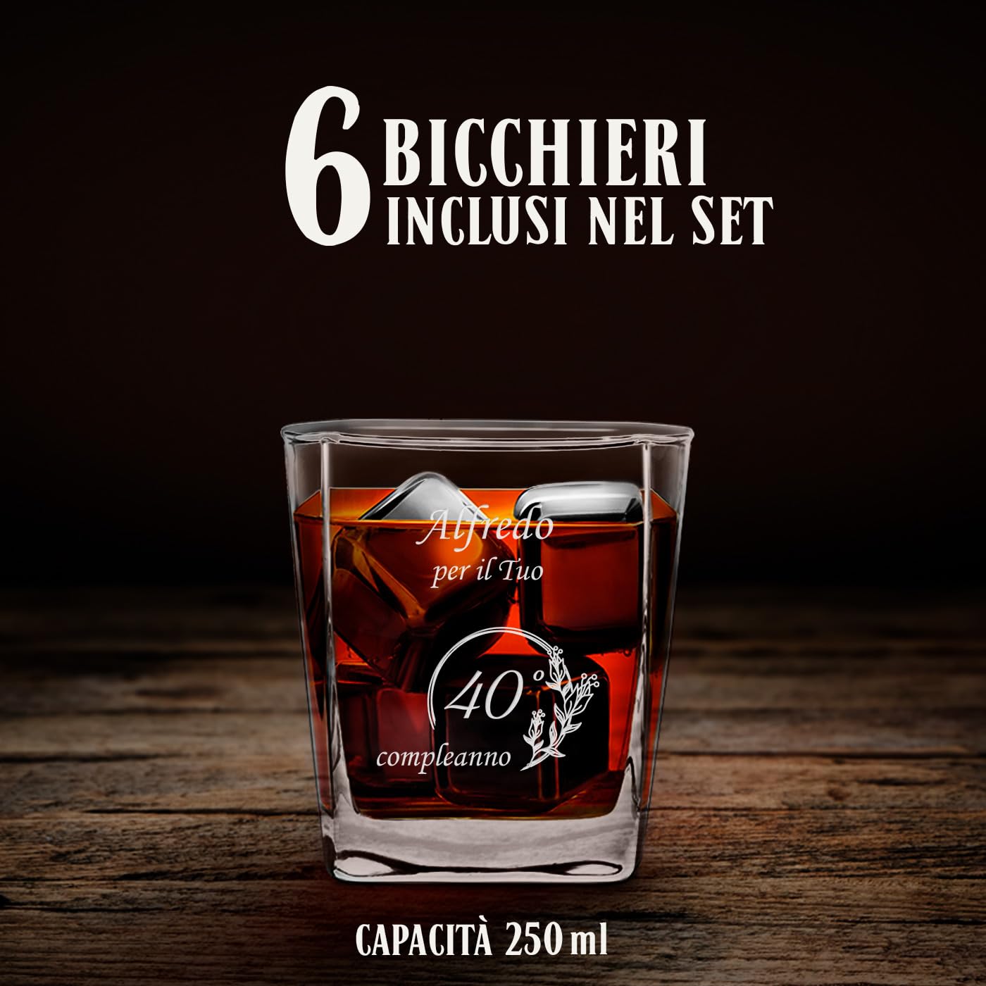 Maverton Set Decanter per Whisky in vetro - da 700 ml - incisione personalizzata - Caraffa con 6 bicchieri - idea regalo per il compleanno - per l’ uomo - regalo di Natale - Dei campi