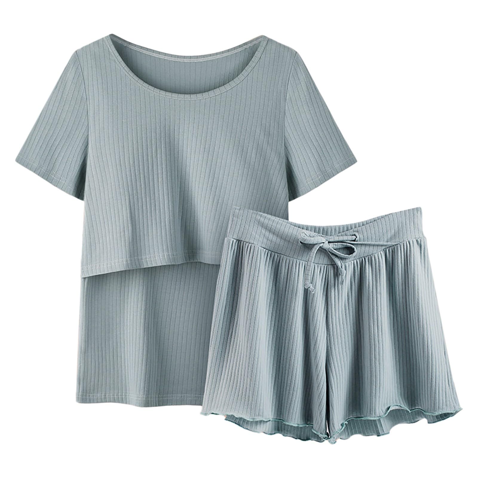Generisch Pigiama da donna, a maniche lunghe, da notte, per allattamento, per neonati, pantaloni corti, pigiama premaman con abito