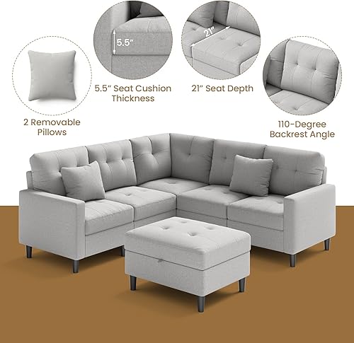 Miniatura 9 de Giantex Sofá modular modular, sofá extragrande en forma de L con otomana móvil, tela de lino sintético, 2 almohadas extraíbles incluidas, sofá