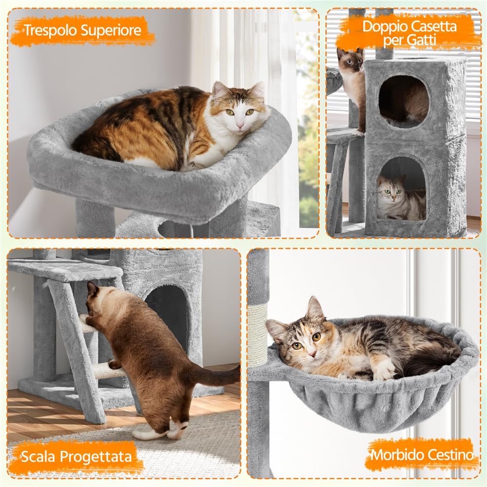 Yaheetech Albero Tiragraffi per Gatti 94 cm in Sisal e Truciolato Posatoio Piattaforma Cesta Scala Torre Gioco Grigio Chiaro