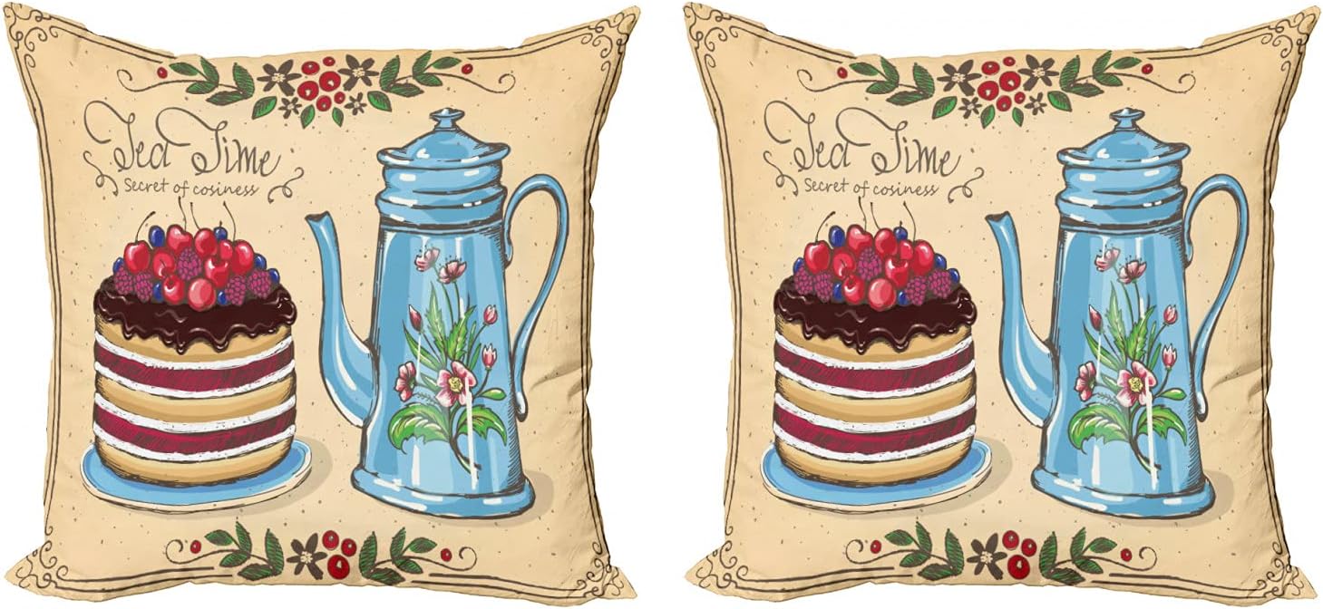 Ambesonne Tea Decorative Throw Pillow Case Pack of 2, Tea Time Secret of Cosiness Words with Berry Cake and Pot Brunch Theme Vintage Style, Couch Bedroom Living Room Cushion Cover, 16", Multicolor