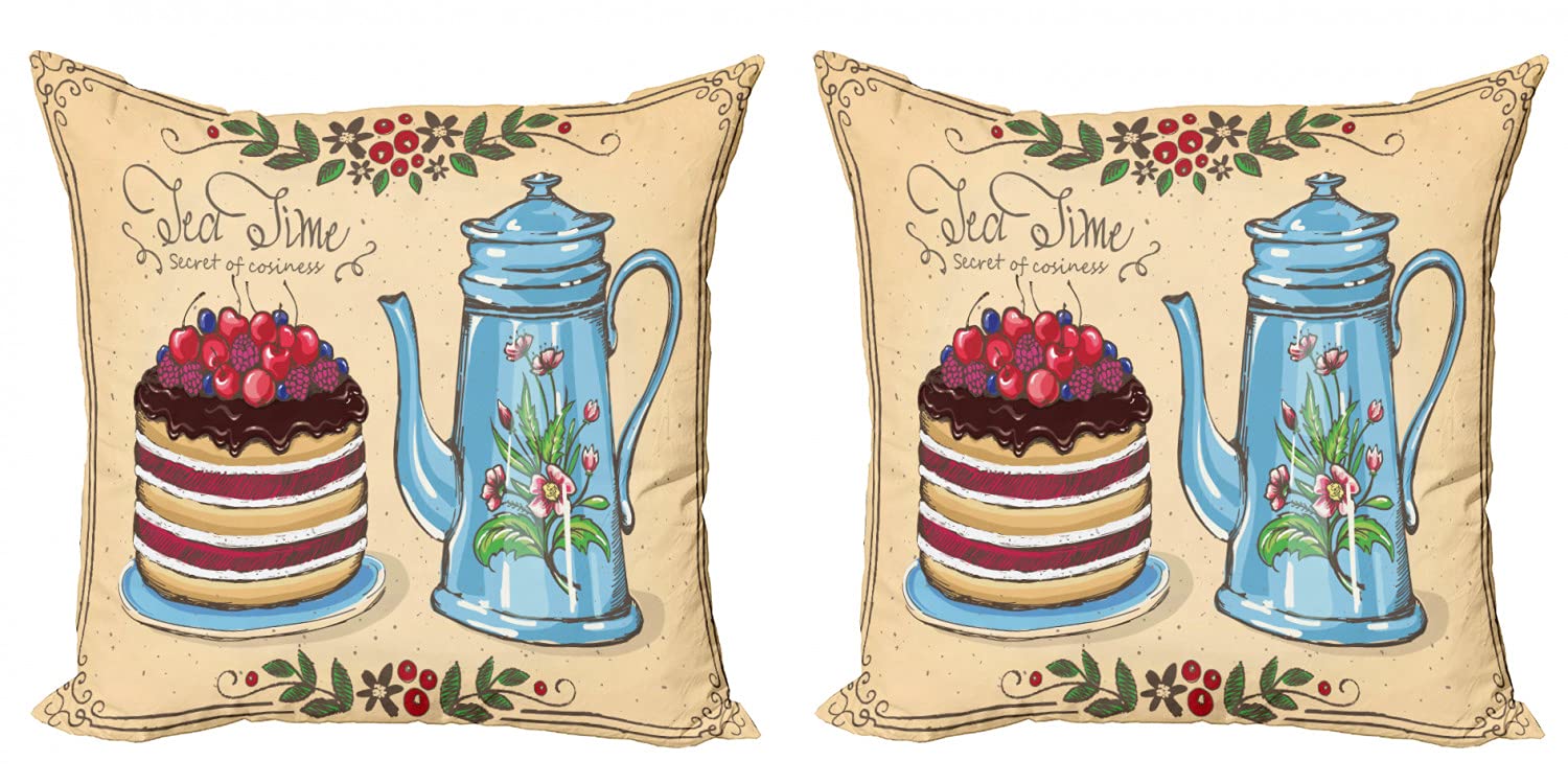 Ambesonne Tea Decorative Throw Pillow Case Pack of 2, Tea Time Secret of Cosiness Words with Berry Cake and Pot Brunch Theme Vintage Style, Couch Bedroom Living Room Cushion Cover, 16", Multicolor