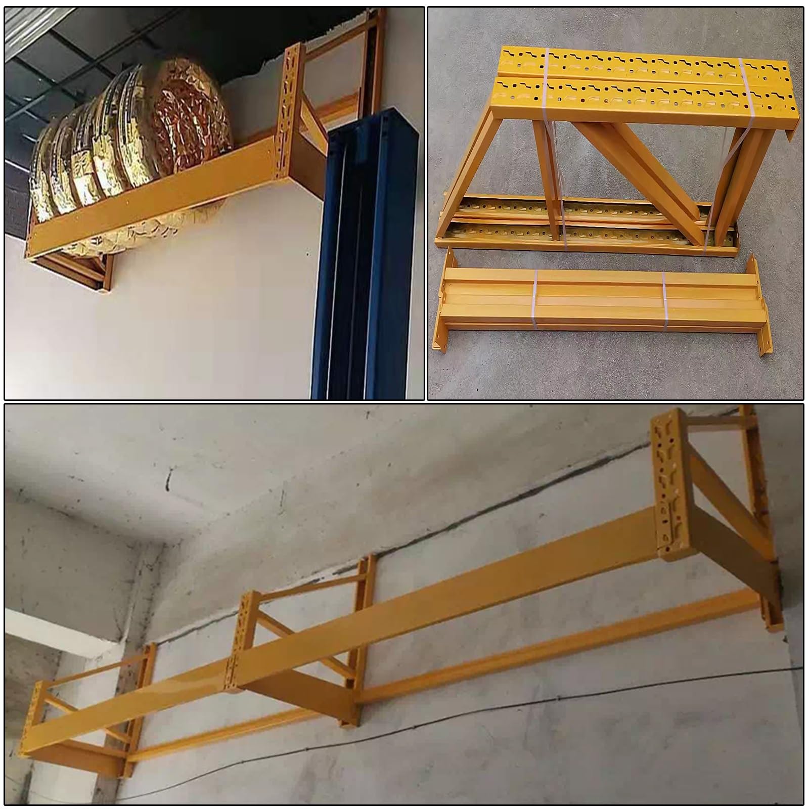 Generico Porta Pneumatici Regolabile da Parete, Organizer in Metallo per Pneumatici/Cerchi, Ideale per Garage, Magazzini, Appartamenti e Negozi - Giallo, 1 ripiano, 150x55x80 cm