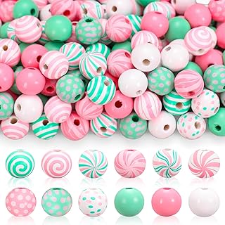 Whaline 210Pcs Christmas Wooden Beads 12 Styles Pink-Green Xmas Pattern Round Loose Bead Colored Craft Beads for Xmas Holiday Farmhouse Tree Decor Garland Bracelet DIY Making