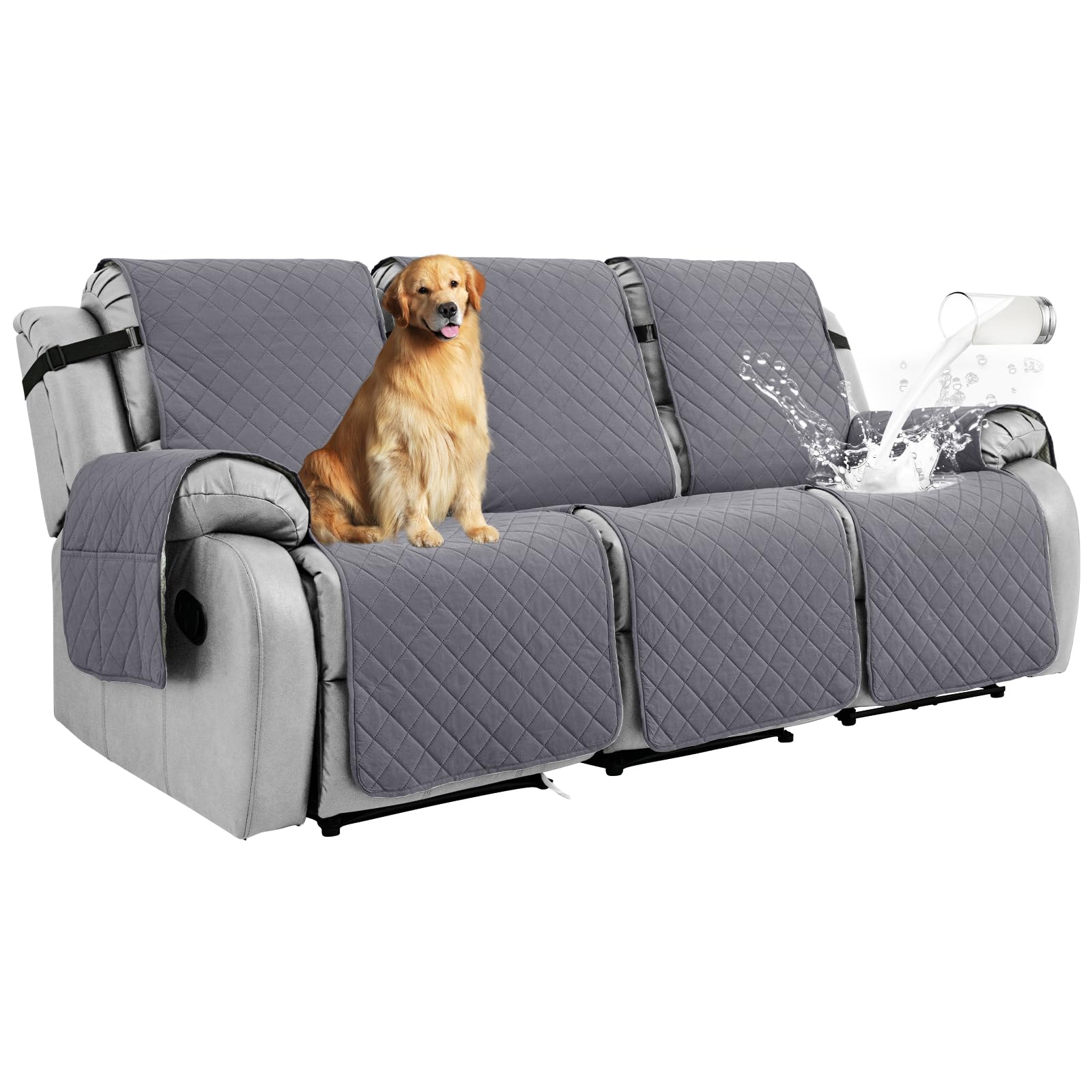 RAPRAP 100% Waterproof Recliner Sofa Covers 3 Seat, Non-Slip Three Seater Recliner Chair Covers with Pocket, Washable Reclining Couch Protector for Dogs, Pets, Kids, Grey, 3 Seats