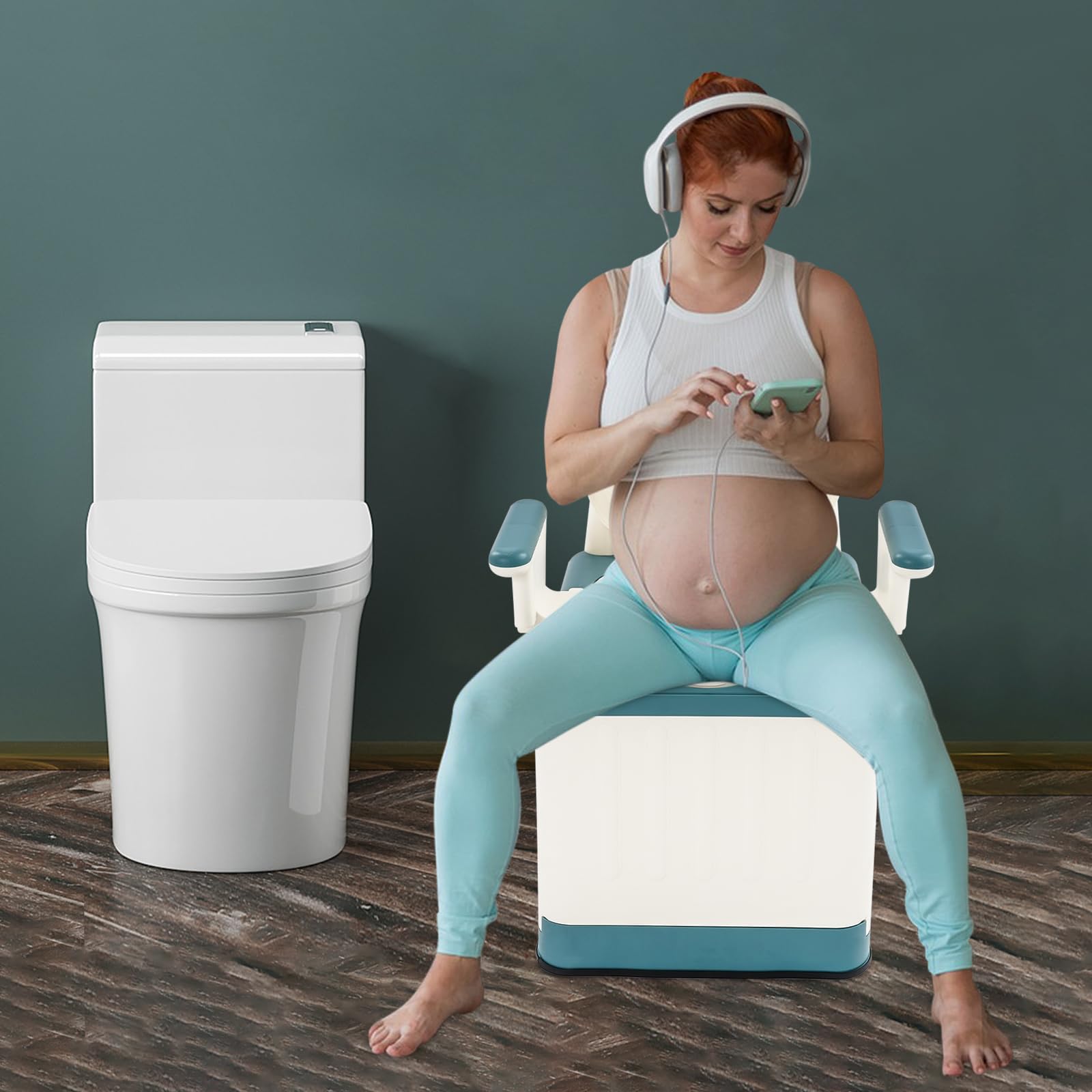 Tragbare Toilette mit Deckel, Mobile Campingtoilette, Max.150kg (Seeblau) | Bedside Kommode Toilette, 39cm Sitzhöhe, Armlehnen Abnehmbar, Toilettenstuhl Klappbar für Bade-, Schlafzimmer, Camping