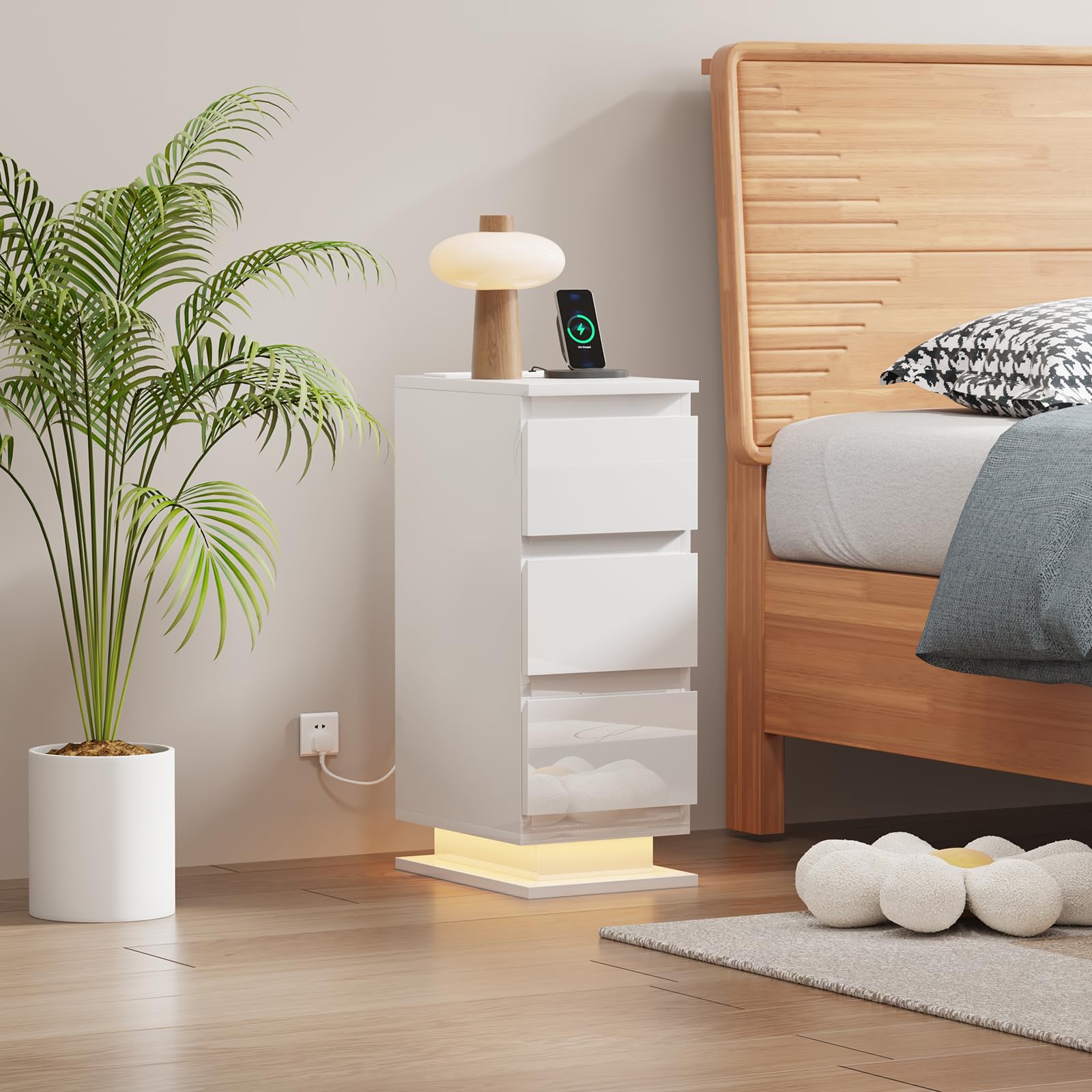 Pantanal 20CM Slim Bedside Table Cabinet White with Drawer Shelf, Small Narrow Wood Bed Side Table End Table Nightstand for Bedroom Living Room (led high gloss white 3 drawer#3, with charging) — image 1