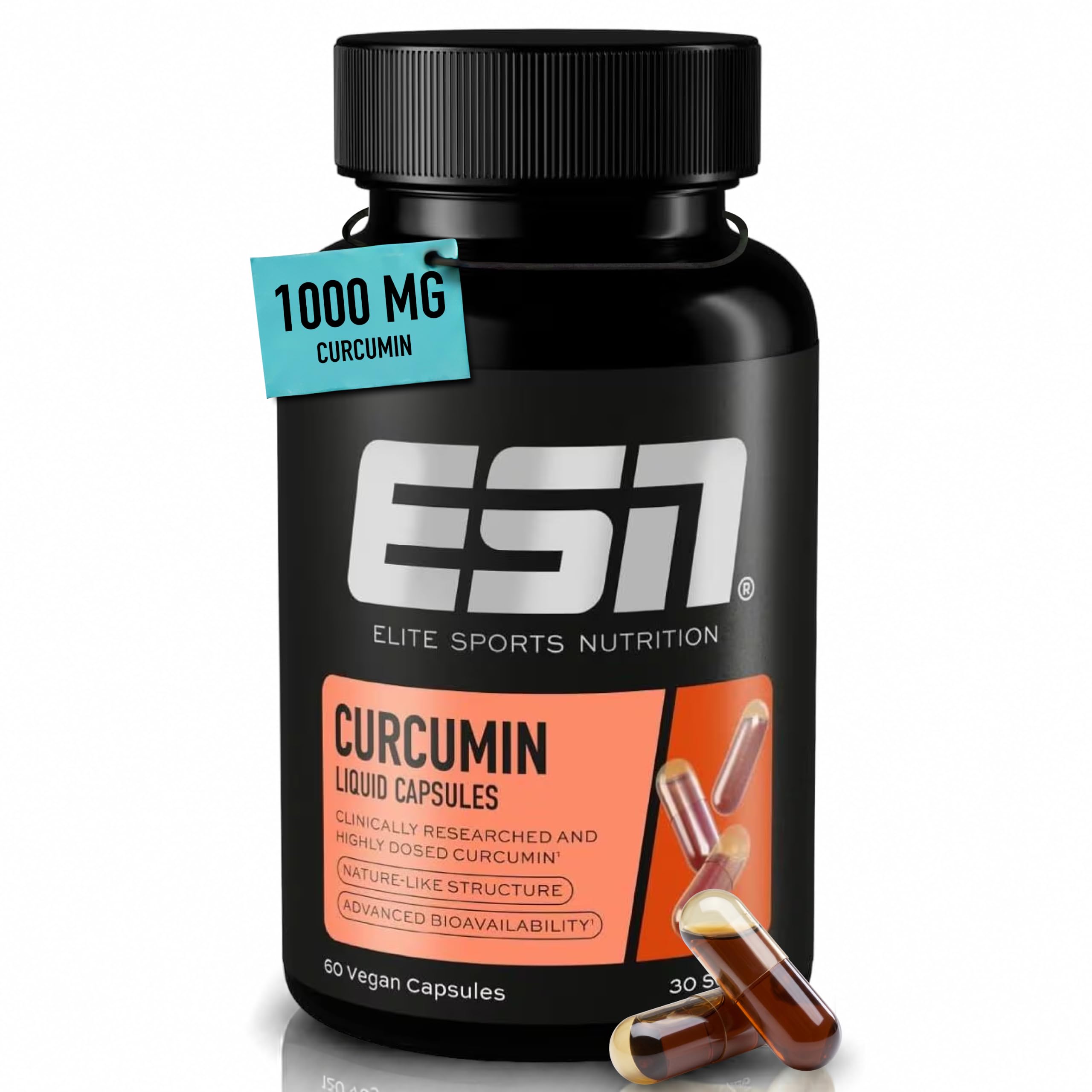 ESN Curcumin Liquid - Kurkuma-Kapseln mit patentiertem NovaSOL-Extrakt - bis zu 185-fach höhere Bioverfügbarkeit - 1000 mg Curcumin-Extrakt pro Tagesportion - vegan - 60 Kapseln, 30 Portionen