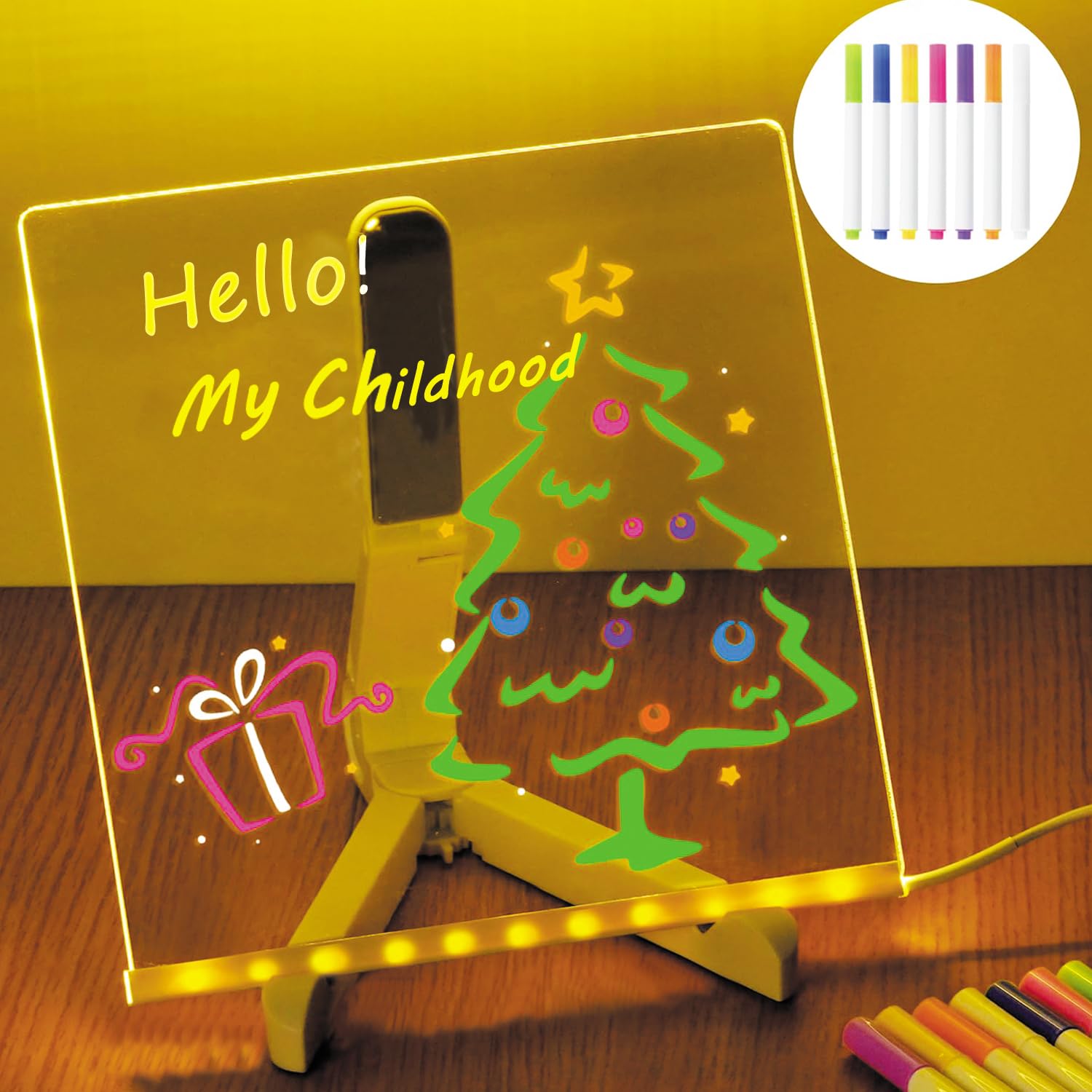 LED Note Board with Colors for Kids, Light LED Drawing Board 7.9 * 7.9" Light up with Stand, LED Acrylic Message Board for Kids,Glow Memo Note Message