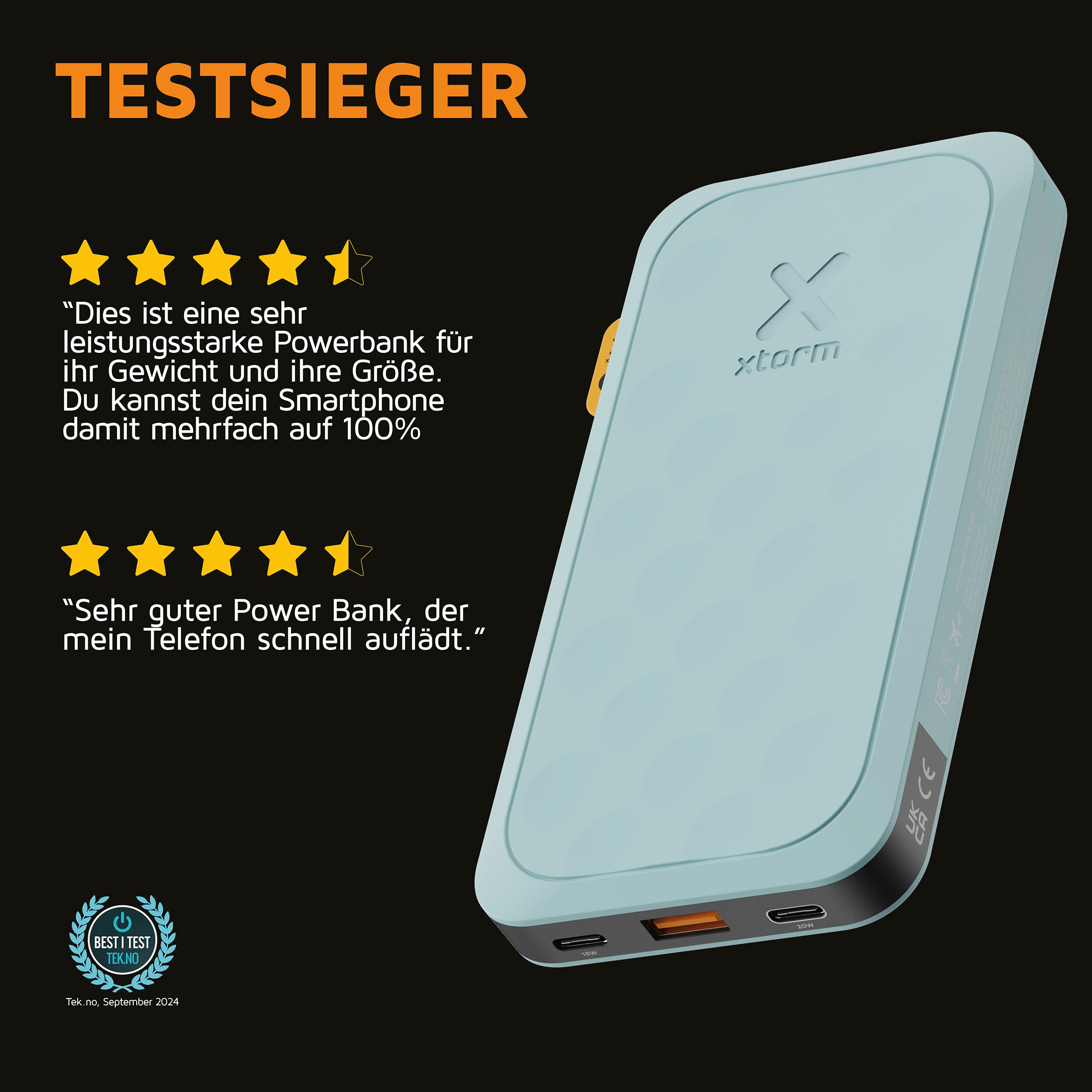 Xtorm Fuel Series 5 Powerbank 20 W, 10000 mAh, 2 x USB-C / 1 x USB-A, odporny na samolot, odpowiedni dla Samsung i iPhone, Teal Blue