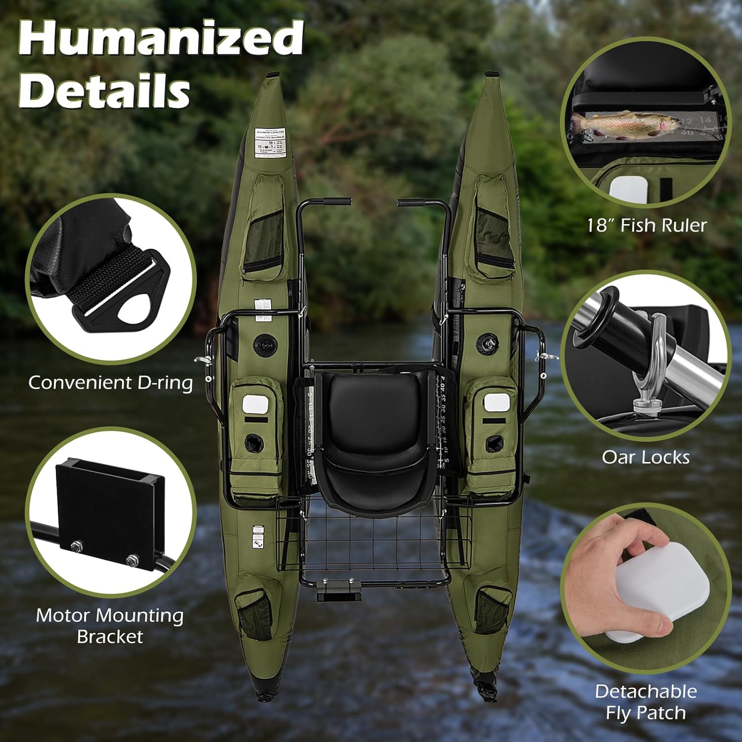 Goplus Inflatable Fishing Float Tube, Pontoon Boat w/Foldable Padded Seat, Adjustable Footrest, Pump, Paddles, Fish Ruler, Storage Basket,Pockets, 400 LBS Load Capacity Adult Belly Boat for Angling