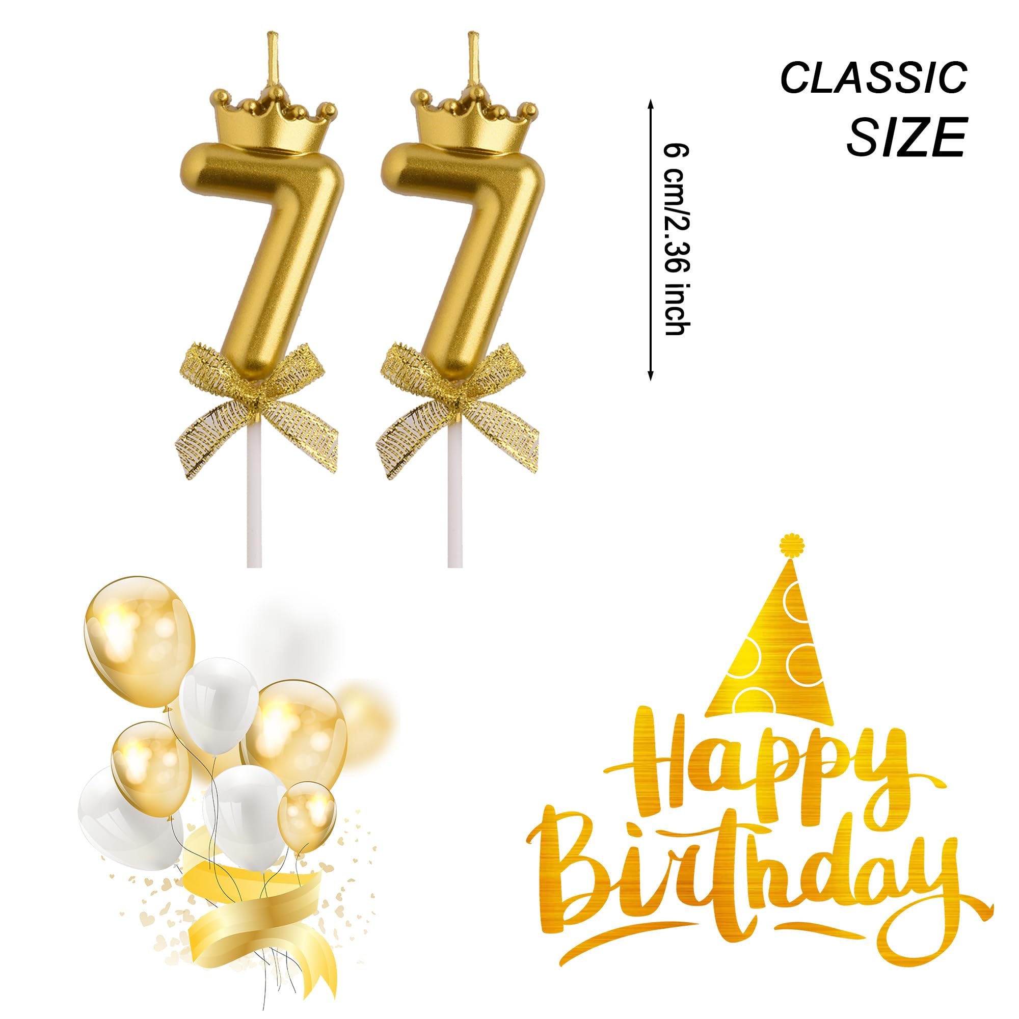 AOOLADA 77th Birthday Candles, Gold 77 Year Old Number Birthday Candles, Happy Birthday Cake Topper Gifts Party Decorations for Men Women