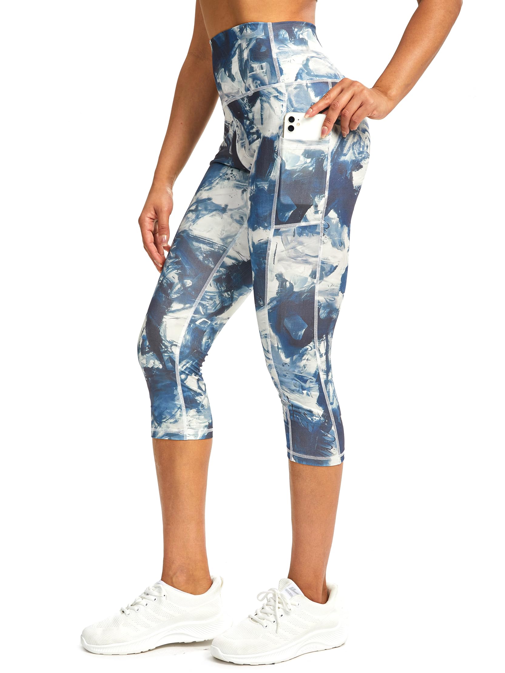 Tuspryt Sport Leggings Damen 3/4 Capri Leggings Damen mit Taschen, Sporthose Damen 3/4 Blickdicht Fitnesshose Laufhose Damen