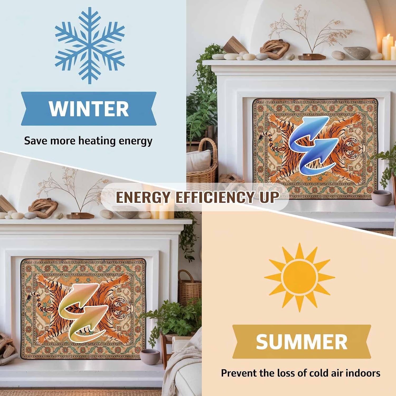 Magnetic Fireplace Cover Striking Tiger Fireplace Screen Brown Bohemian Flower Animal Print Insulation Fireplace Blocker Save Energy Fireplace Draft Stopper Covers for Living Room 39x32 Inch