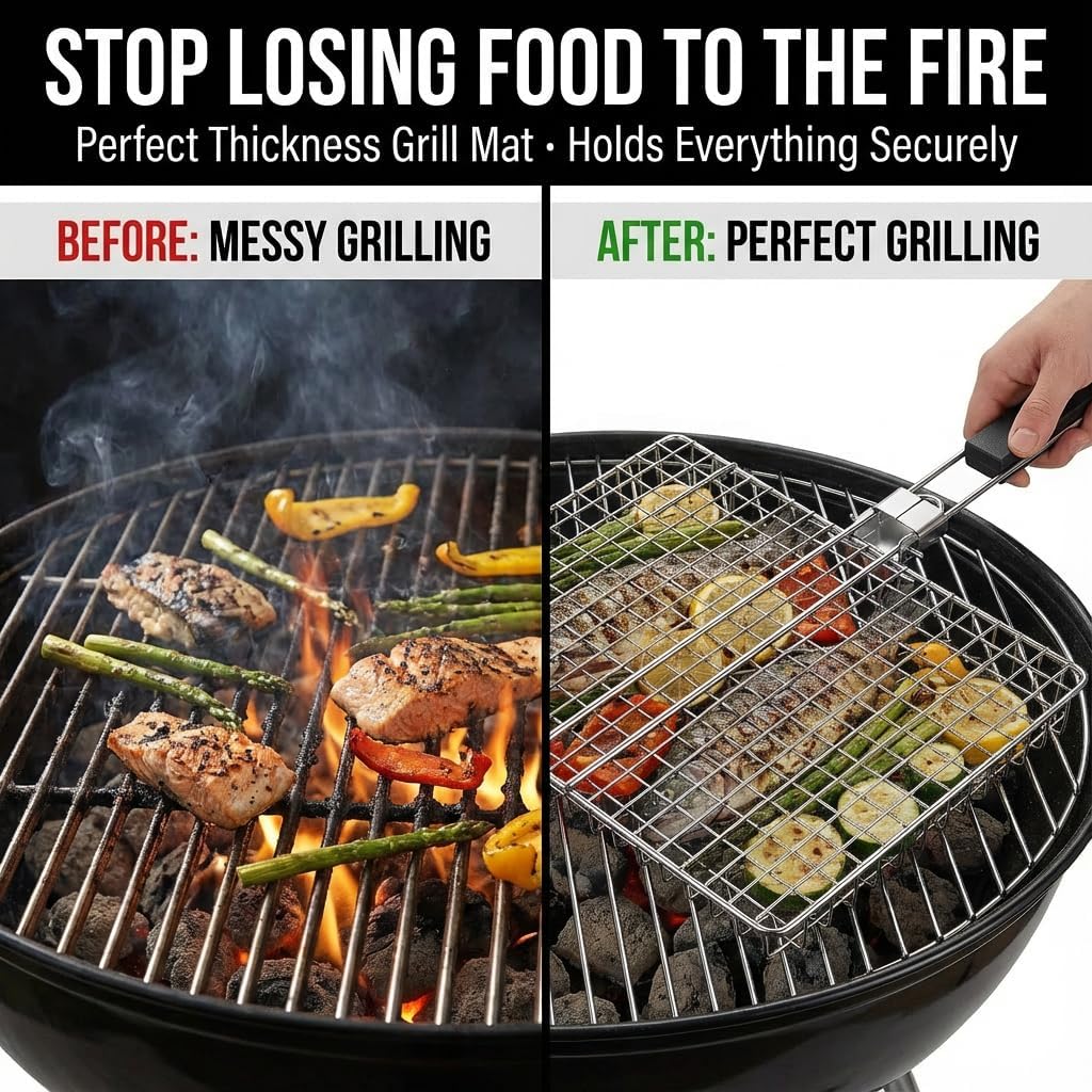 Grill Basket for Outdoor Grill - Heavy Duty Carbon Steel Fish Vegetable Grilling Baskets - Portable BBQ Accessories with Detachable Handle - Large 1.1 Inch Deep Net for Steak & Shrimp