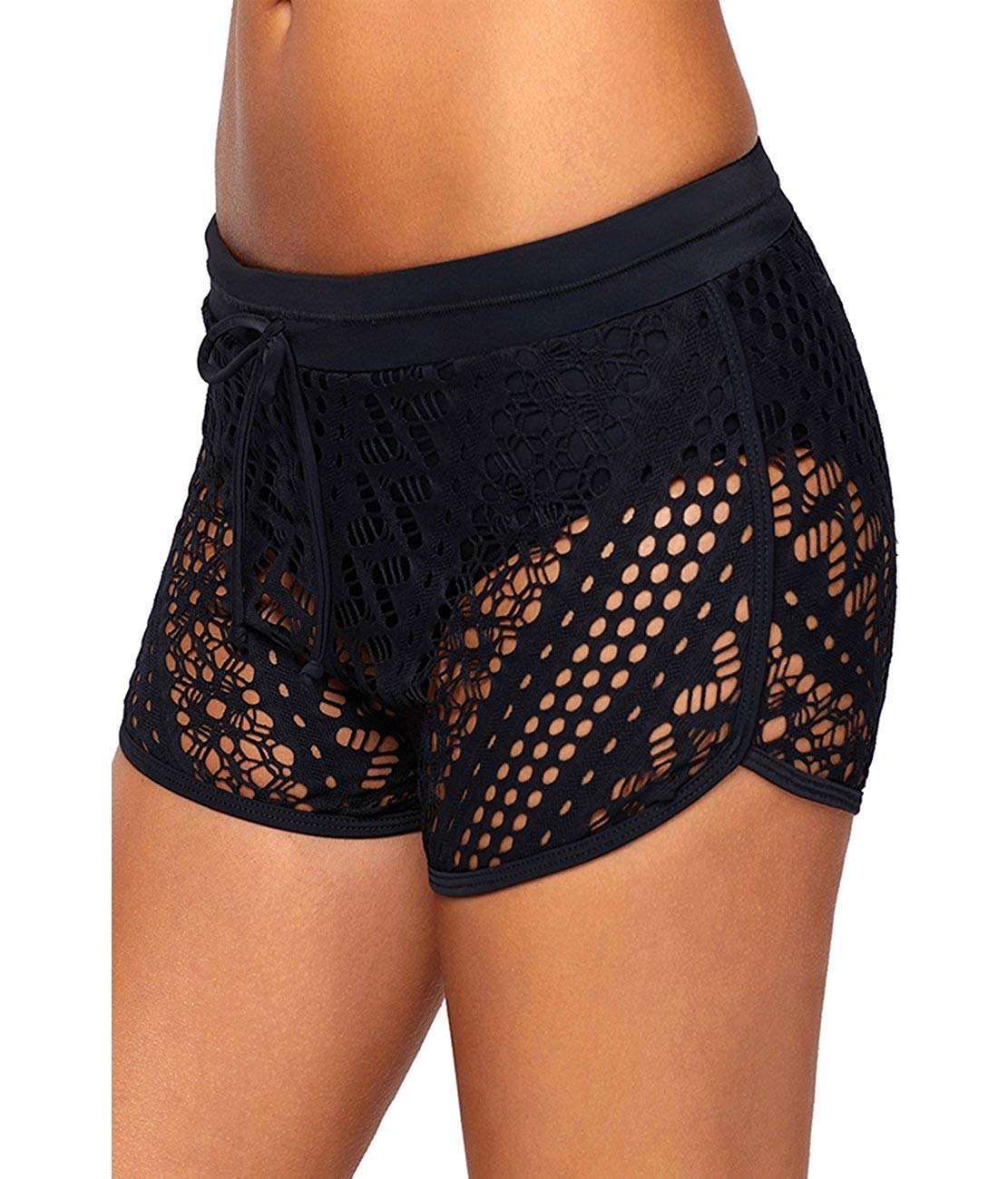 Abyelike Women's Hollow Out Lace Swimsuit Bottoms Solid Stretch Shorts Swim Beach Boardshorts (Black A, S)-image-7