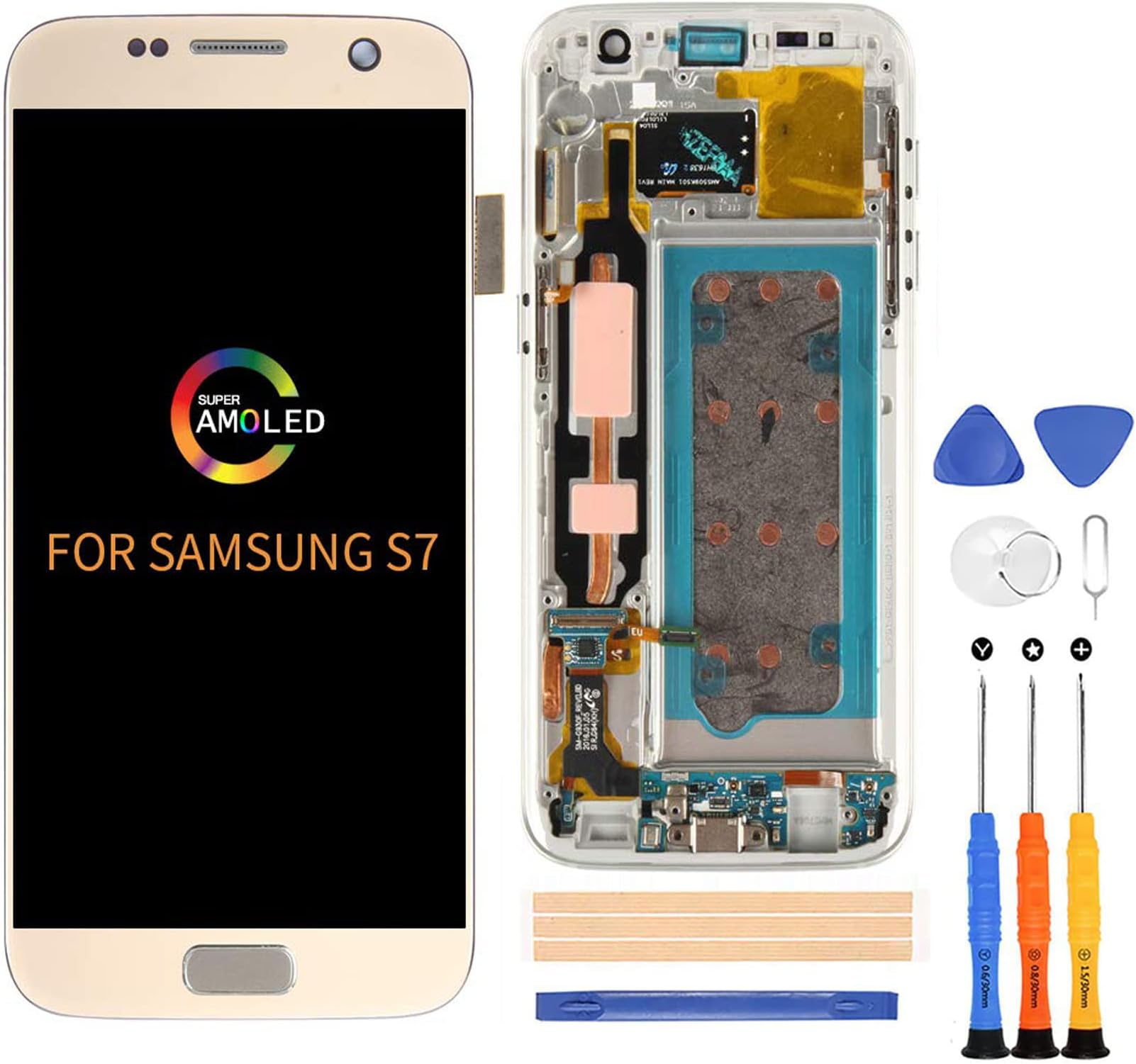 A-MIND OLED Screen Replacement Include Frame for Samsung Galaxy S7 G930 (Not for S7 Edge) 5.1inch Touch Digitizer LCD Display Assembly Repair Kits,with Screen Protector+Tools (Gold not Original)