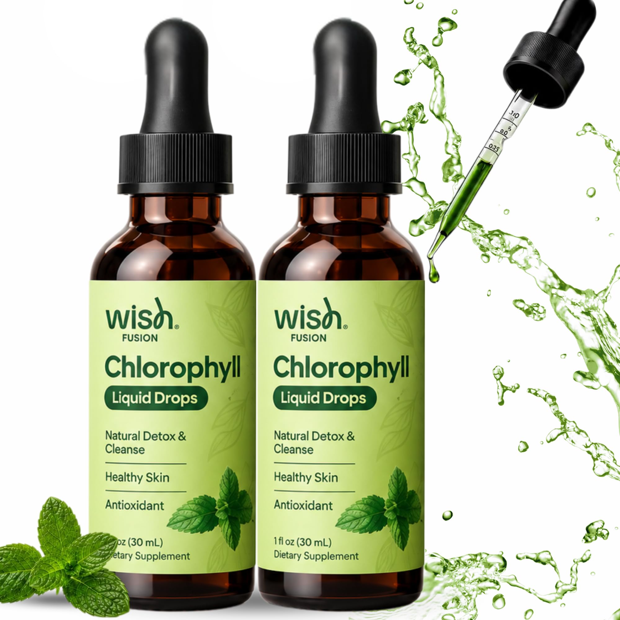 Liquid Chlorophyll Drops, 2 Pack Vegan Chlorophyll Liquid Drops with Antioxidants for Natural Detox & Healthy Skin, Peppermint Flavor, 60 ml, 2fl oz