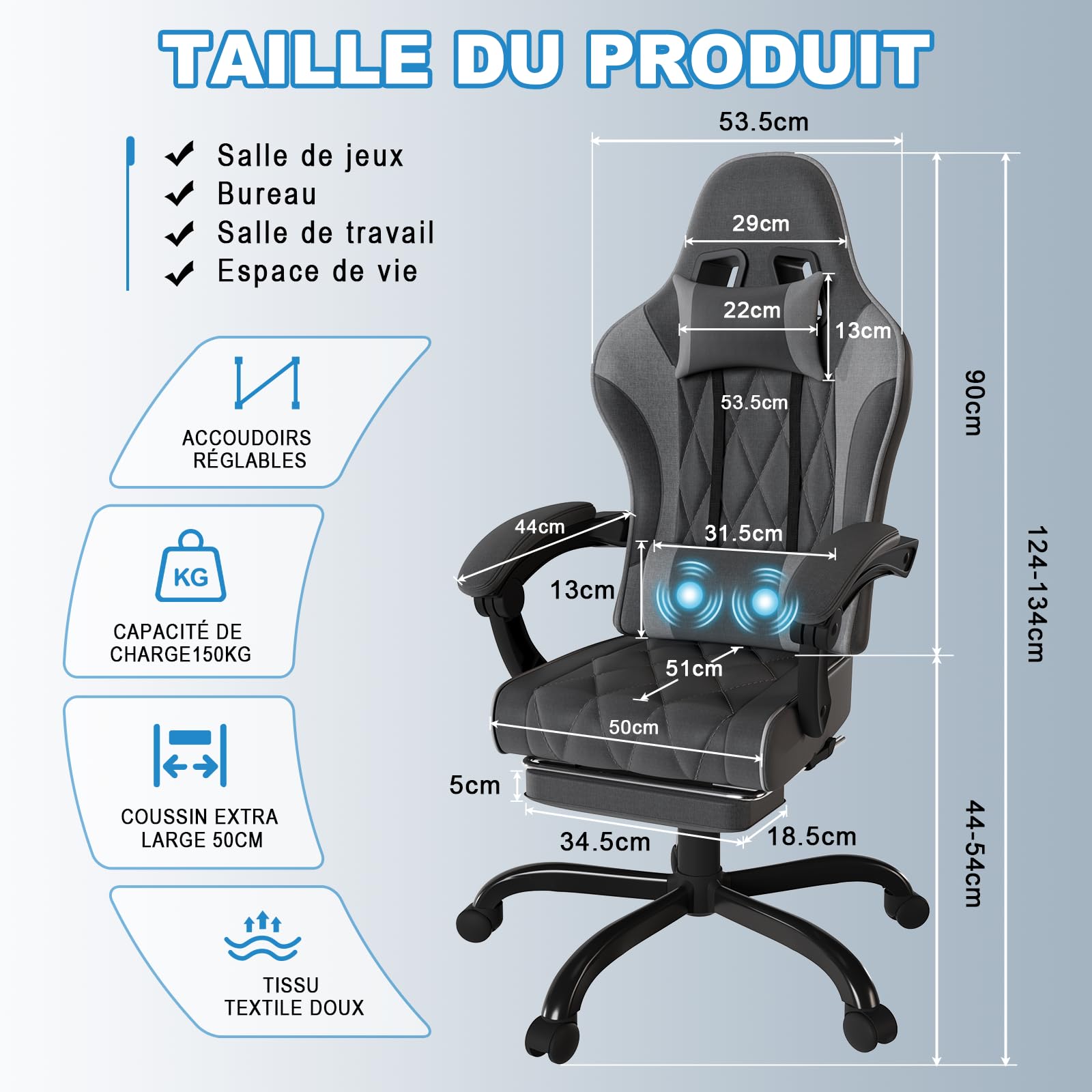 JUMMICO Chaise de Gaming en Tissu avec Repose-Pieds Extensible, Chaise de Bureau Ergonomique avec Massage, Hauteur réglable, Chaise Gamer avec Rembourrage à Ressorts, Capacité de Charge 150KG, Gris